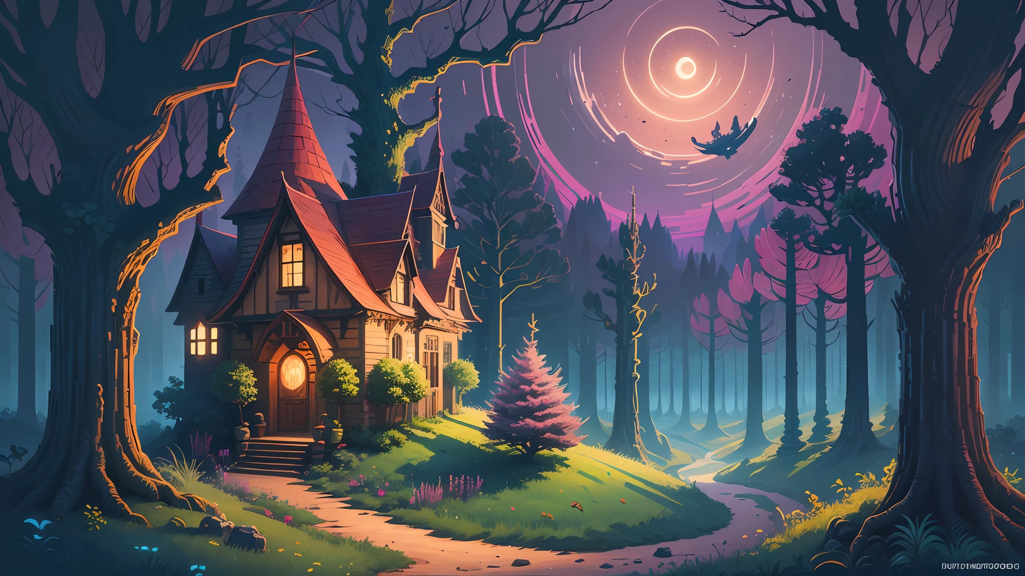 a painting of a castle in the middle of a forest, pixel art, inspired by Dan Mumford, fantasy art, witch cottage in the forest, colorfull illustration, fantasy drawing made of fractals, calm night. digital illustration, magical tree, high detailed official artwork, vibrant cartoon art, a beautiful artwork illustration, colorful --auto --s2