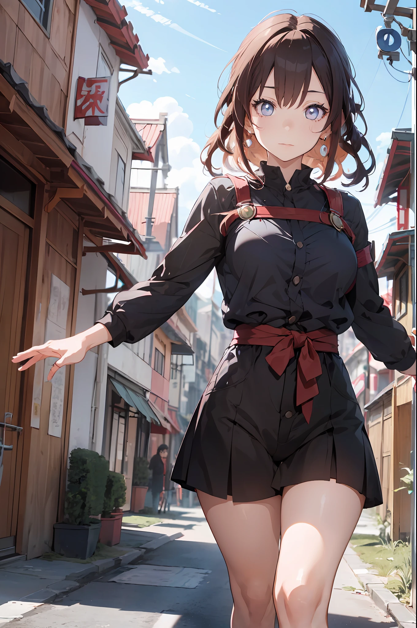 (((Kunoichi de Kumogakure, Vila Oculta da Nuvem))) Hiyori Karyū, ambar eyes, large breasts visible, bunda grande, using the body technique (((Punho Divergente))) a powerful taijutsu perfected through generations within the Karyū Clan that allows you to store an immense amount of chakra directly in the fist. Por meio do chakra acumulado, The blow creates a spatial distortion when the user hits a punch on their target, seu chakra flui e faz um segundo impacto mais forte. Throwing the opponent for hundreds of meters, quebrando seus ossos, lots of action, (detailedfacialfeatures),
fundo detalhado intrincado, sonhador, anime, trend in the Naruto anime, HD, ((por Masashi Kishimoto))):1.8, atmosfera, luminosidade, frontlighting