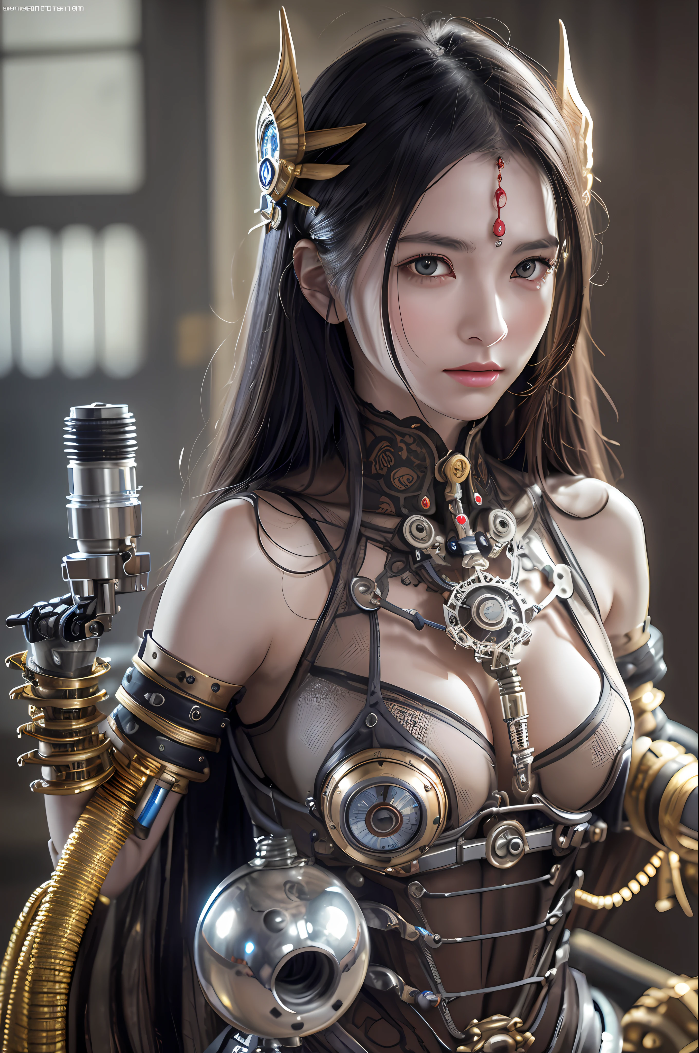 top-quality、masterpiece、超A high resolution、(Photorealsitic:1.4)、Raw photo、1人、Black hair、glowy skin、1 Machine Devil、large metal wings、Metal Corner、((super realistic details))、portlate、globalillumination、Shadow、octan render、8K、ultrasharp、Colossal tits、Raw skin is exposed in cleavage、metals、Details of complex ornaments、Steampunk details、vacuum tubes、Nixie Kan、Oil pressure gauge、Glass Kan、Analog Meter、gear wheel、gear、Hydraulic cylinder、highly intricate detail、Realistic light、Red Eyes、radiant eyes、Facing the camera、neon details、Mechanical limbs、blood vessels connected to tubes、Mechanical vertebrae attached to the back、mechanical cervical attaching to neck、sitting on、Wires and cables connecting to the head、Small LED lamp、Sumerian details、