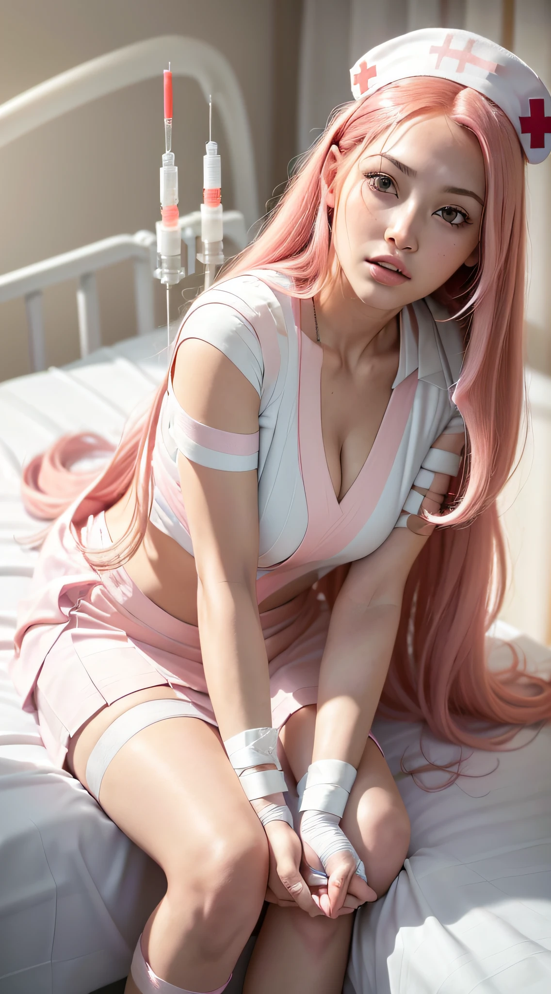 (close_up:1.6) low_angle (low_angle_shot:1.7), (long_skirt:1.3),(flirty:1.4) (tongue_out:1.3) infirmary (nurse_girl:1.5), (red_cross:1.3) (long_hair:1.5) (pink_hair:1.4) (flat_bang:1.2) . (syringe:1.5) (blushed_cheeks:1.3) hint at her (shy:1.2) nature. (bandaged_hands:1.5) is fully (wrapped:1.3) in a clean white bandage. (treating:1.5) on a young (students:1.5) wearing a school uniform, lying on a white (hospital_bed:1.5), with (gentle_care:1.5). Hyper realistic, best quality, masterpiece, ultra high res, (photorealistic:2.0), raw photo, sharp focus, HDR, detailed skin.