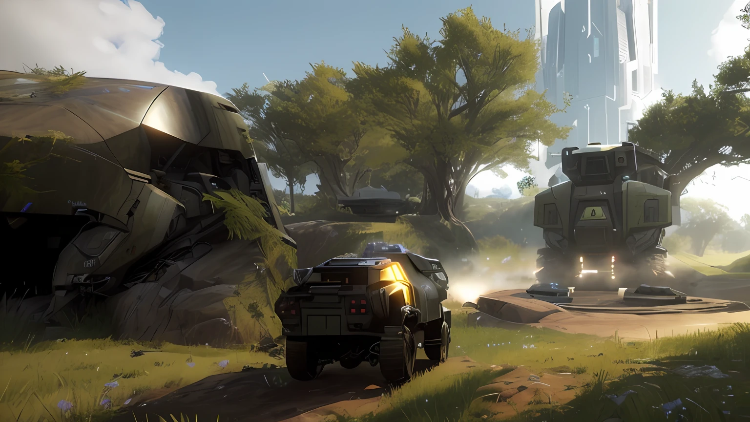 There was a big truck parked on the grass, satisfactory screenshot, gameplay still, video game screenshot>, beautiful screenshot, hd 4k game screenshot, Game hit, with cryengine, Cryogenic engine octane rating, pc screenshot, screenshot from an fps, gameplay screenshot with ui, in game screenshot, octane highly detailed cinematic, discarded mech in background, futuristic battlefield