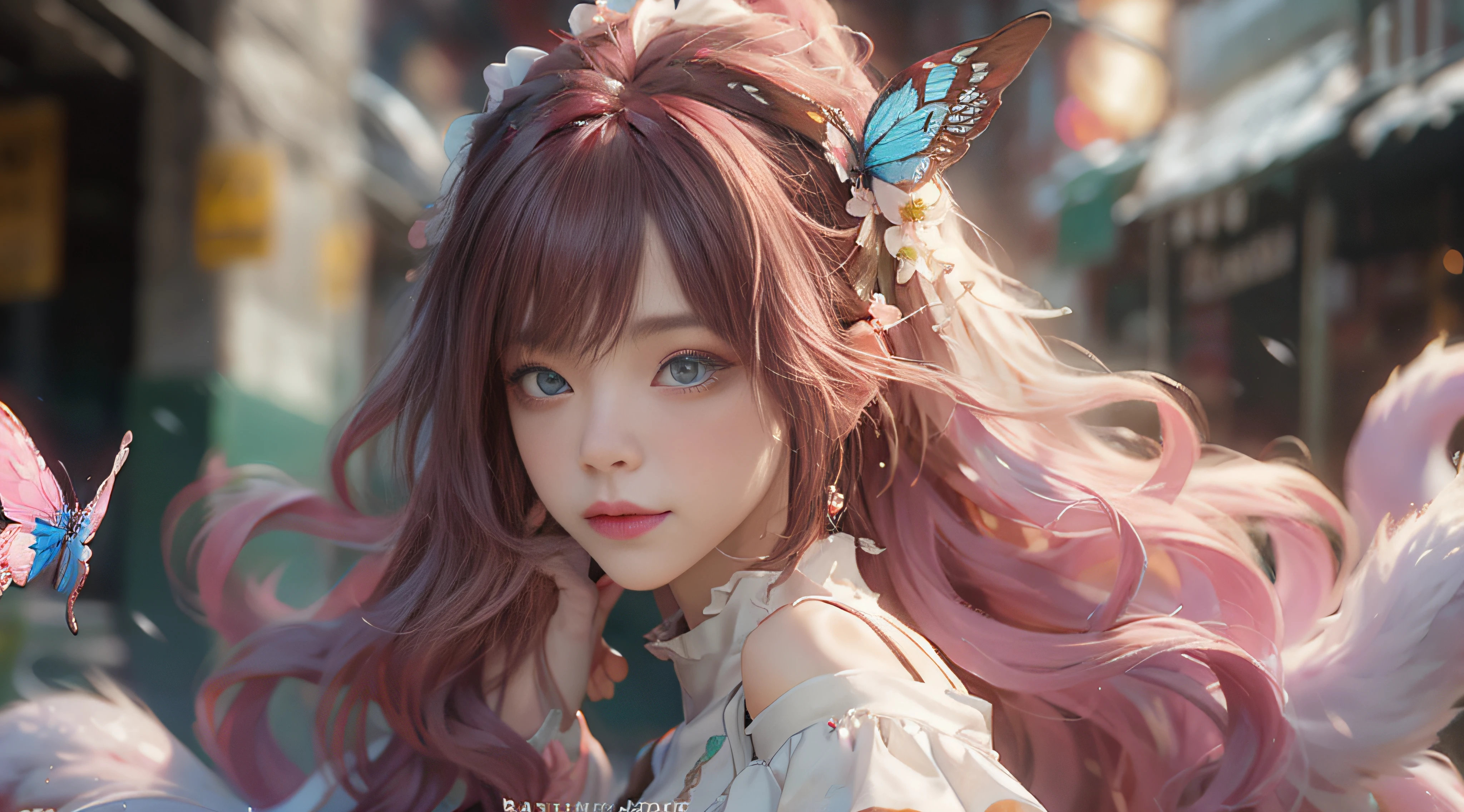 ((best qualtiy)), ((tmasterpiece)), (detail:1.4), Beautiful cyberpunk female images,hdr(HighDynamicRange),Ray traching,NVIDIA RTX,Hyper-Resolution,illusory 5,sub surface scattering,PBR textures,post-proces,Anisotropy Filtering,depth of fields,maximum definition and sharpness,Many-Layer Textures,Albedo e mapas Speculares,Surface coloring,Mitsu-Accurate simulation of material interactions,perfectly proportioned,rendering by octane,Two-colored light,largeaperture,Low ISO,White balance,Rule three points、8K raw data、Beautiful bright blue pupils,off-the-shoulder clothes,Fine pupils,Delicate face and eyes,long eyelasher,Blushlush,Delicate and fluffy hair,pink lip,Pure,Cute face,Sweet girl,Artistic sense,Casual wear,Advancedsense,butterflys,Cherry blossom petal,Beautiful hair accessories,Long hair and waist,Hair fluttering in the wind,Snow-white fox ears,curlies,Snow-white fluffy tail