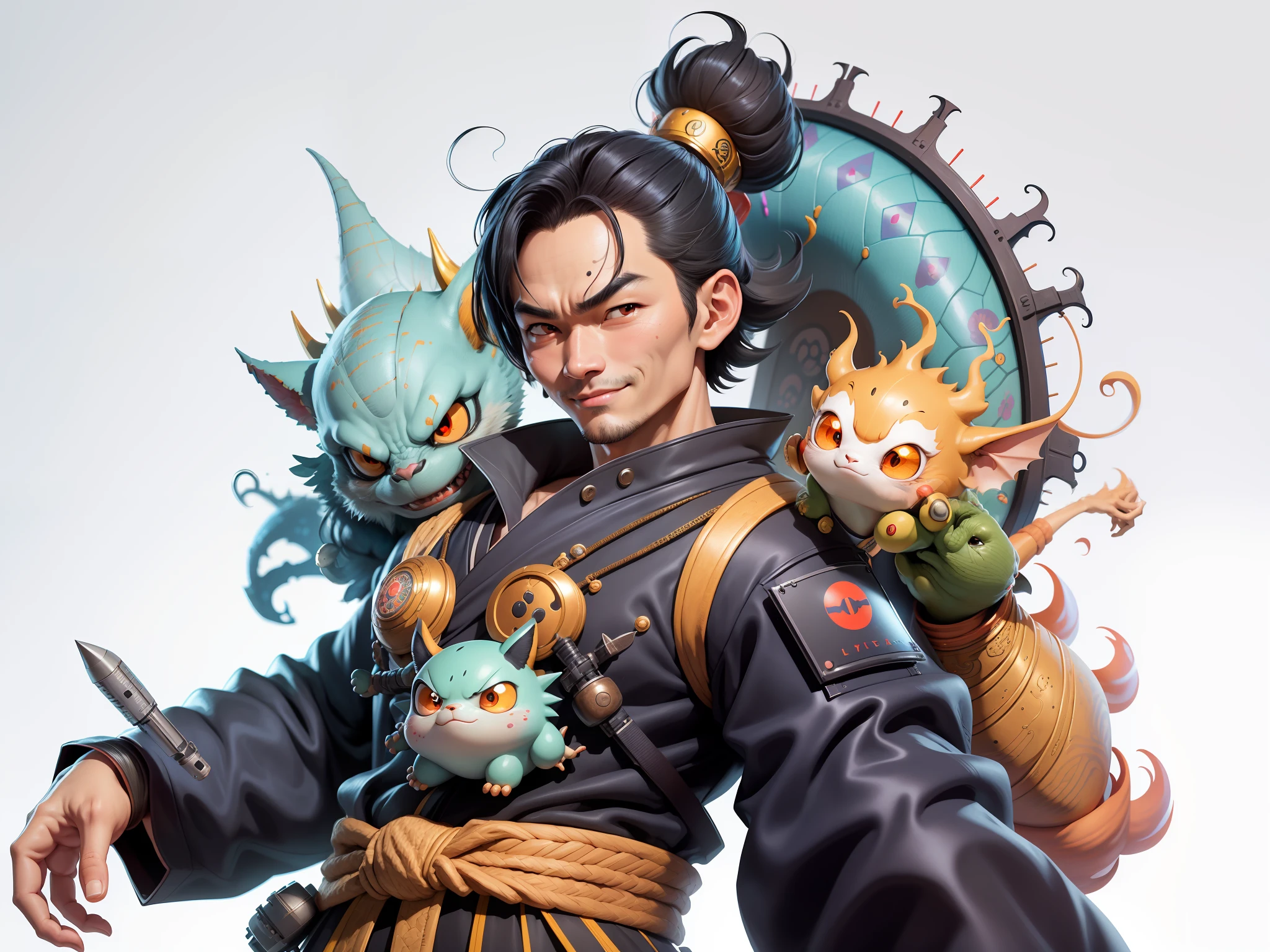(Daisaku),(Need),(Super meticulous),(full bodyesbian:1.2),Super young man with Japanese geisha,Beautiful,Oriental dragon,Aeolian Thor,Raised sexy,爆乳,Oriental face,TV Anchor,Bust portrait illustration,In black suit,a blue tie,The face is slightly chubby,The face was clean,without a beard,Black super short hair,Black eyes,Smile confidently,3C computer sub-products,iPad, iphone,Digital painting,3D character design by Mark Clairen and Pixar and Hayao Miyazaki and Akira Toriyama,The illustration is a high-definition illustration in 4K resolution,With very detailed facial features and cartoon-style visuals。