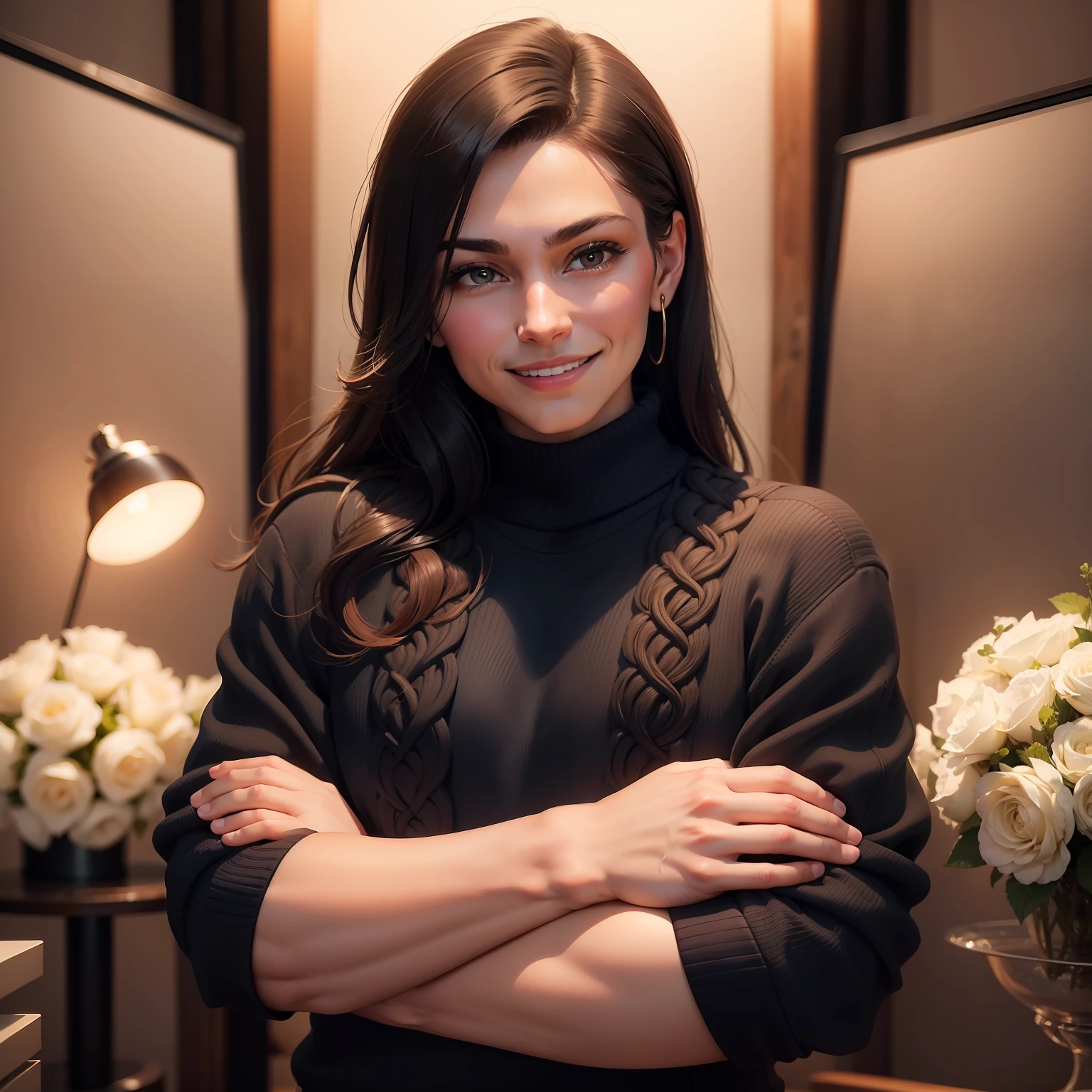 Wealthy entrepreneur motivational coach, in a formally dressed sweater, smiling, in a position that demonstrates confidence, against a background of a photo shoot, looking friendly and respectful, arms crossed