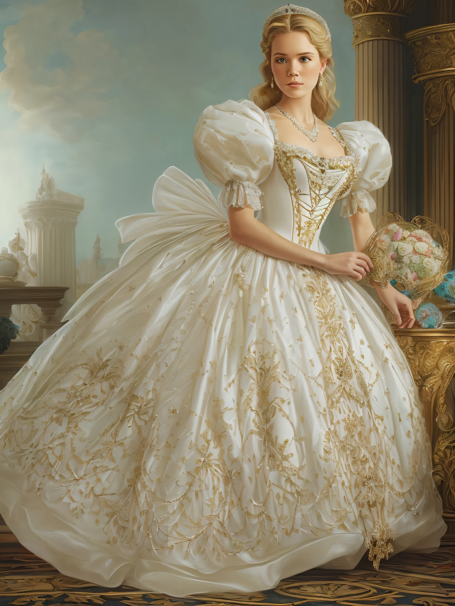 Portrait of a young blonde Mandy Moore wearing a (((Stately))) and Elaborate Royal Cinderella Ballgown with (((enormous puffed sleeves))) and an hourglass waist, and a (((huge crinoline hoopskirt))), adorned with (((bows))), embroidery, and jewels, white gloves