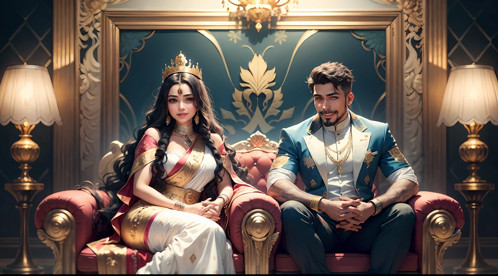 create of an Indian king and queen sitting on a lathe in a palace with white blue and gold walls, The image of the king is a very smiling young man with goatee and blue shirt, foto de perfil headshot, retrato headshot, Macho sorridente, Homem de pele marrom com um sorriso gigante, foto headshot, fotografia headshot, homem sorridente, retrato de closeup headshot, foto de um homem, foto de perfil profissional, south east asian with round face, retrato headshot do personagem, portrait front face reference, halfbody headshot, Professional head shot and queen image equal to photo 3 with pink and long yellow black predraria Indian dress.   sitting on the throne holding hands with crowns on their heads in a white and golden palace, com a imagem 1 e 2