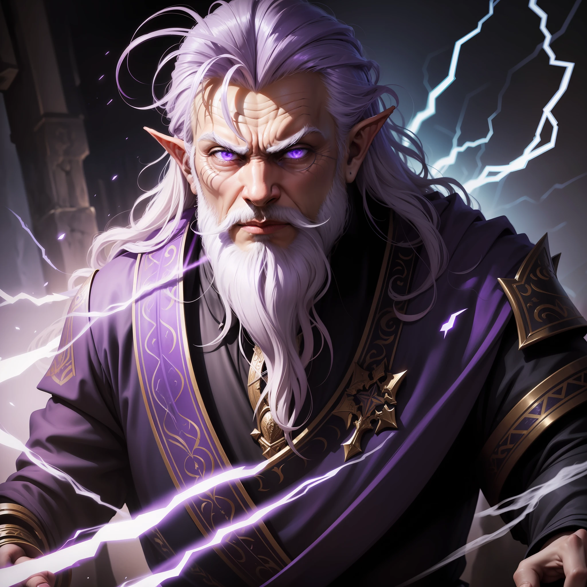 (artwork:1.2),( lineart:1.33),(lineart:1.33),old ,1man,portrait ancient elf noble wizard in a battle, purple lightnings in a dungeon,long beard,(hyperdefined),(inked-art),epic, blue purple tones,unusual-angle,dungeon,cartoon,medieval fantasy aesthetic,complex lighting,(flat saturated colors),(ultradetailed:1.2),absurdres, (atmosphere), cinematic composition, fine details, perspective, (close-up:1.2), abstract background, (movement:1.2), intense, (sharp focus)