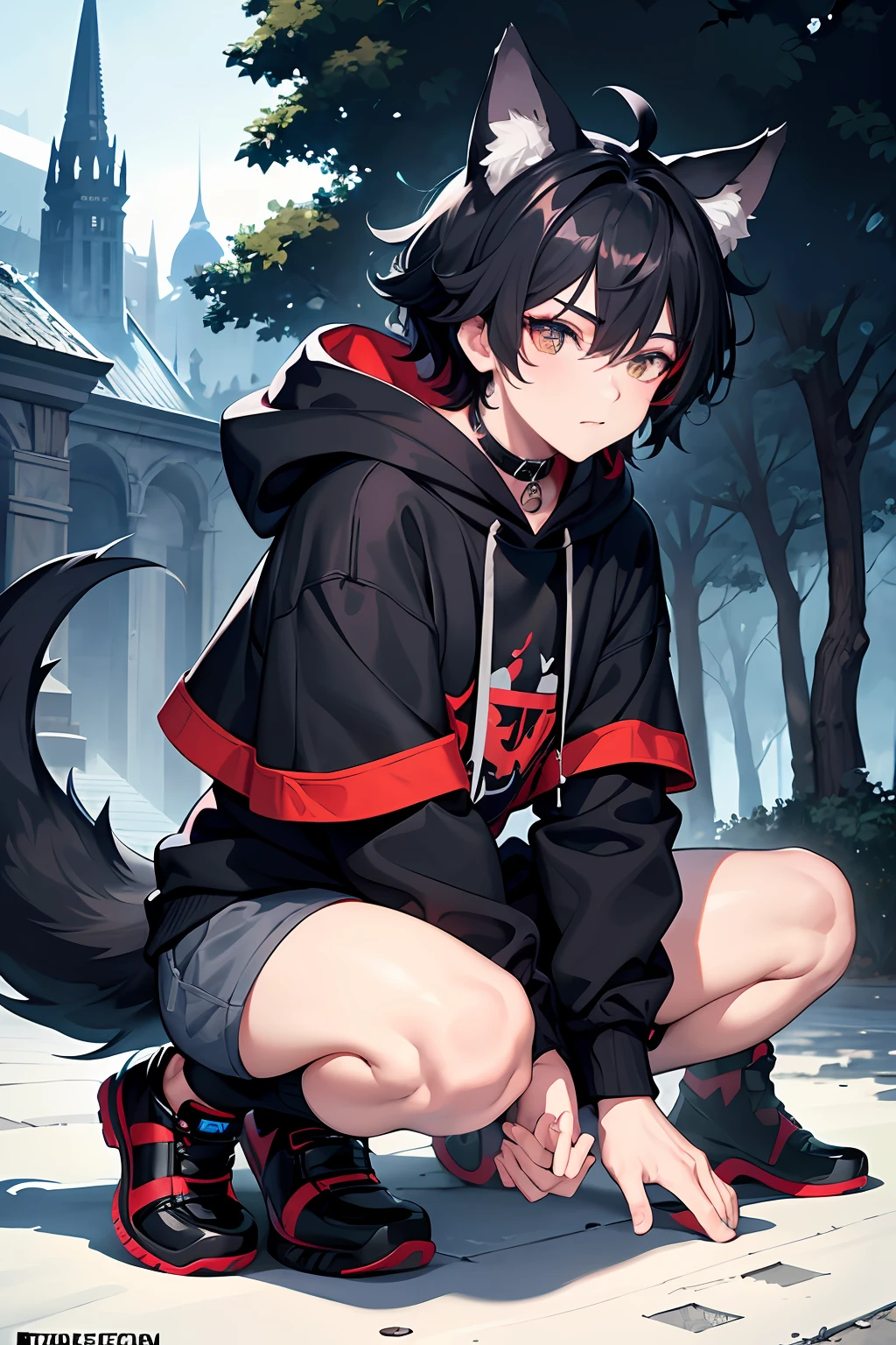 2boy, tight, sharp big wolf ears, wolf tail, black messy hair, wide and very vivid black eyes, HD, masterpiece, vibrant, slim dark crop top hoodie, full body view, trendy hair, nature rich background