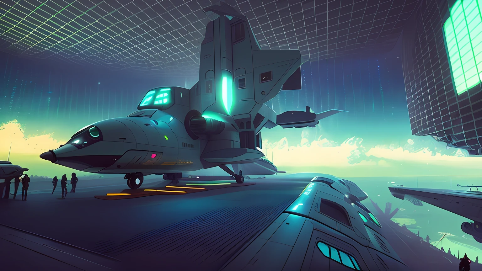 There is a futuristic spaceship on the plane, Starlenhag style, Simon Starlenhaag Highly detailed, stålenhag, in a sci-fi shipping port, Simon Starlenhaag color scheme, parked spaceships, inside a futuristic army base, simon stalenhag style, inspired by Simon Stalenhag