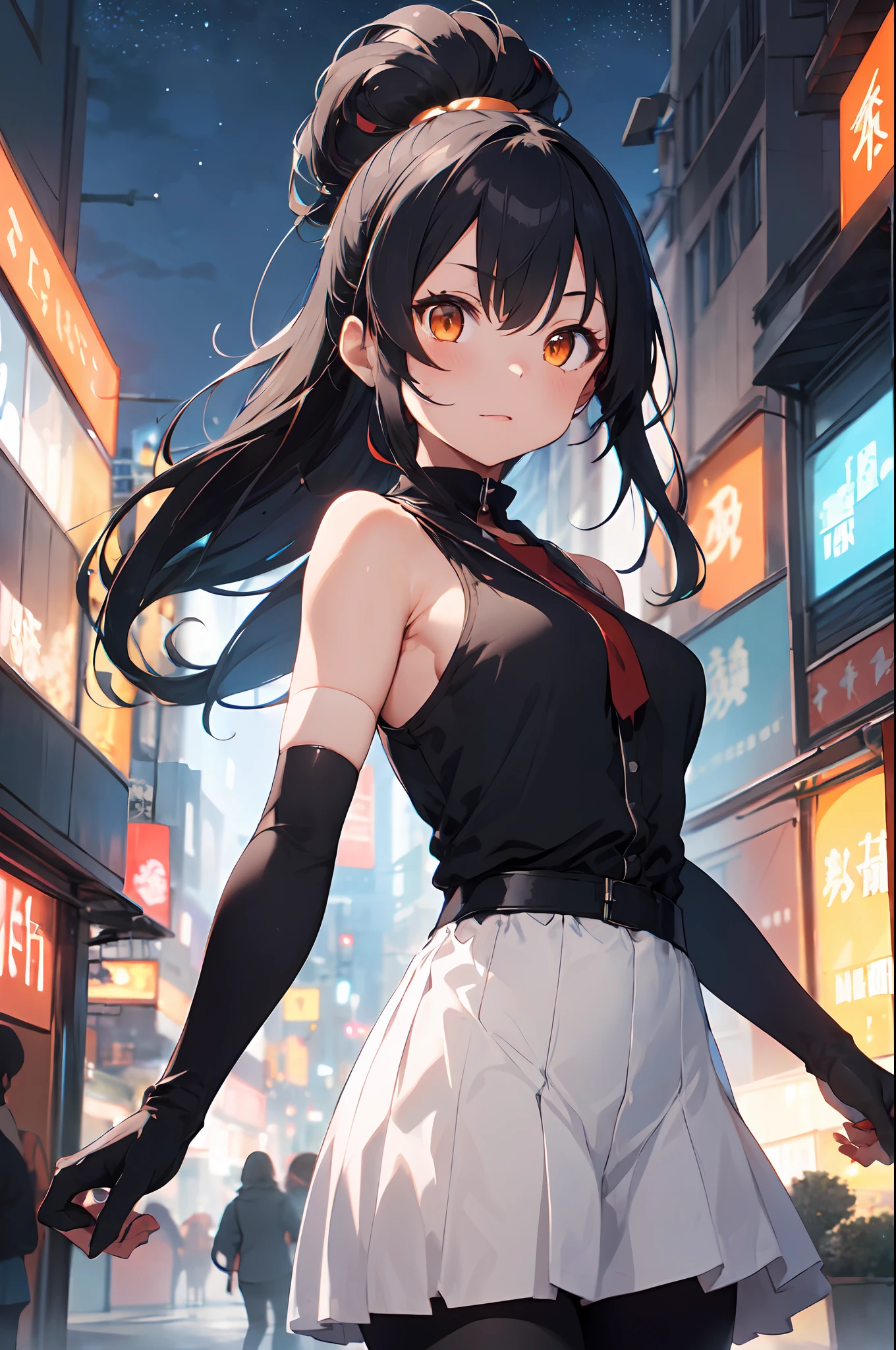 1girl,ahoge,bare shoulders,black gloves,black hair,breasts,elbow gloves,floating hair,gloves,hair ornament,long hair,looking at viewer,medium breasts,night,orange eyes,outdoors,partially fingerless gloves,sleeveless,sleeveless shirt,solo,v-shaped eyebrows,very long hair,leggings ,black hair,ponytail,multicolored hair,streaked hair,futuristic,cyberpunk,sakifuwa, very long skirt