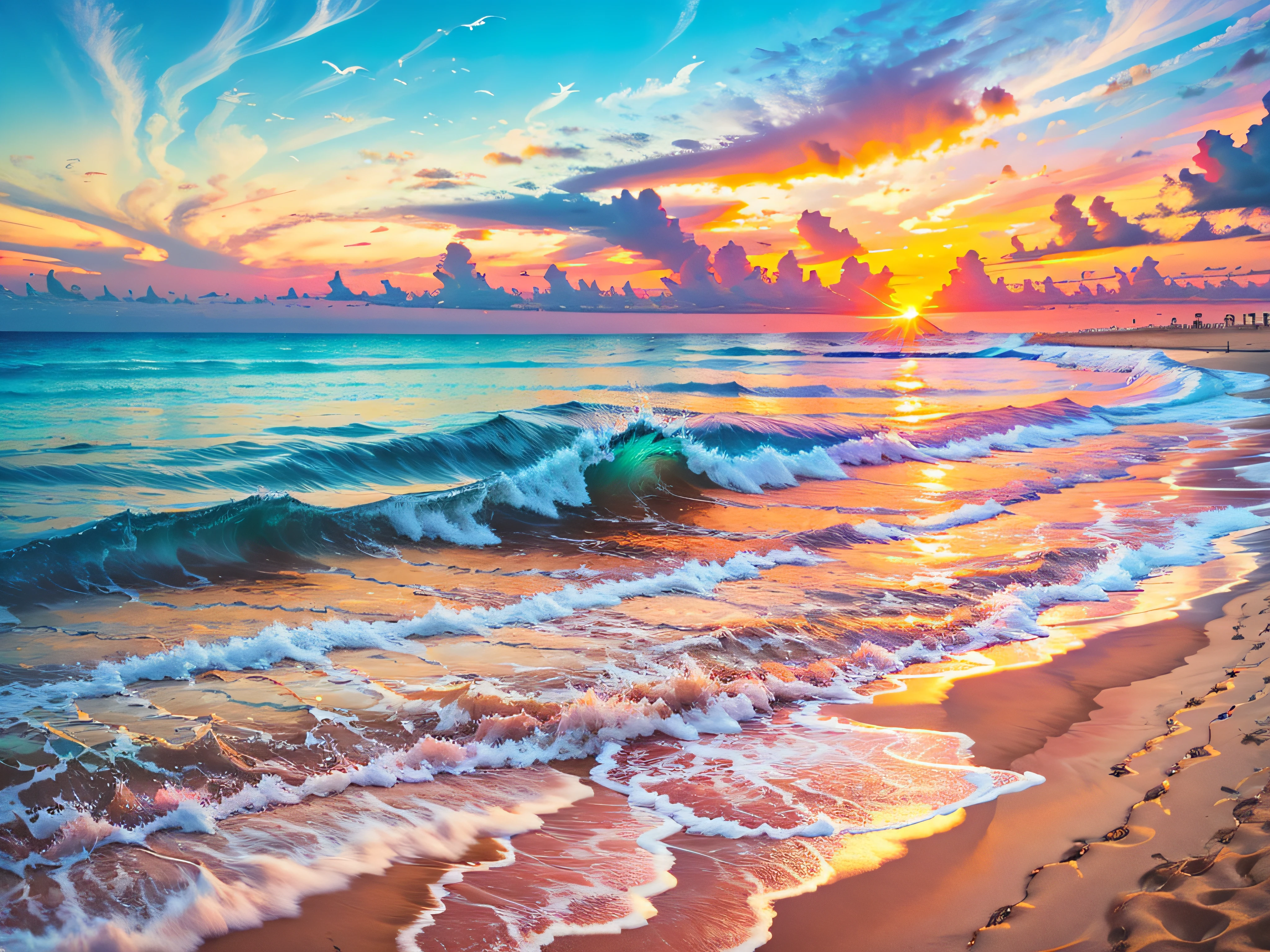 An absolutely mesmerizing sunset over the beach, with a blend of oranges, pinks, and yellows filling the sky. Crystal-clear waters of the sea gently kissing the shore, with sandy white beach stretching far and wide. The scene is dynamic and breathtaking, with seagulls soaring high in the sky and gently swaying palm trees. Take in the calming atmosphere and let the peacefulness wash over you.