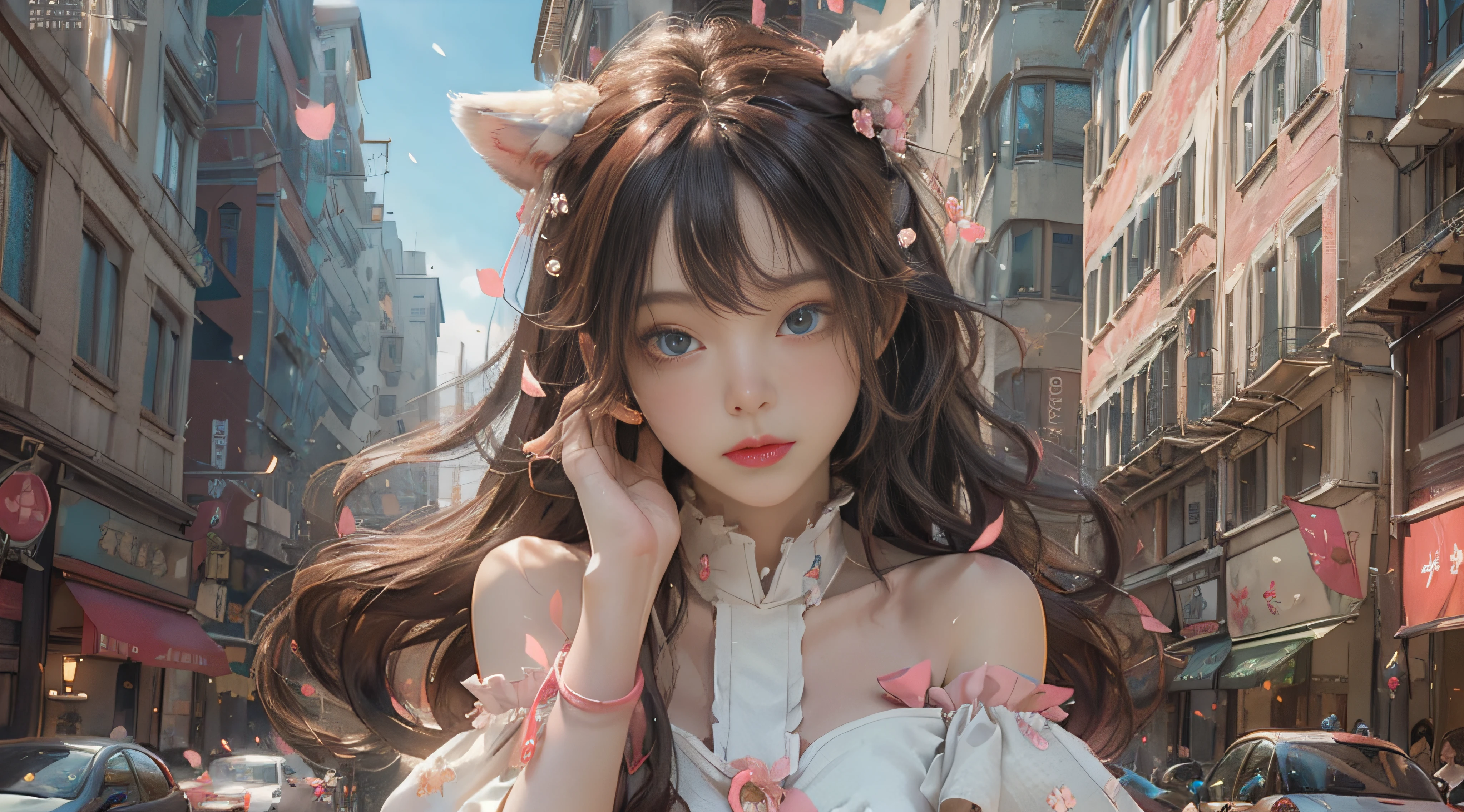 ((best qualtiy)), ((tmasterpiece)), (detail:1.4), Beautiful cyberpunk female images,hdr(HighDynamicRange),Ray traching,NVIDIA RTX,Hyper-Resolution,illusory 5,sub surface scattering,PBR textures,post-proces,Anisotropy Filtering,depth of fields,maximum definition and sharpness,Many-Layer Textures,Albedo e mapas Speculares,Surface coloring,Mitsu-Accurate simulation of material interactions,perfectly proportioned,rendering by octane,Two-colored light,largeaperture,Low ISO,White balance,Rule three points、8K raw data、Beautiful bright blue pupils,off-the-shoulder clothes,Fine pupils,Delicate face and eyes,long eyelasher,Blushlush,Delicate and fluffy hair,pink lip,Pure,Cute face,Sweet girl,Artistic sense,Casual wear,Advancedsense,butterflys,Cherry blossom petal,Beautiful hair accessories,Long hair and waist,Hair fluttering in the wind,Snow-white fox ears,curlies