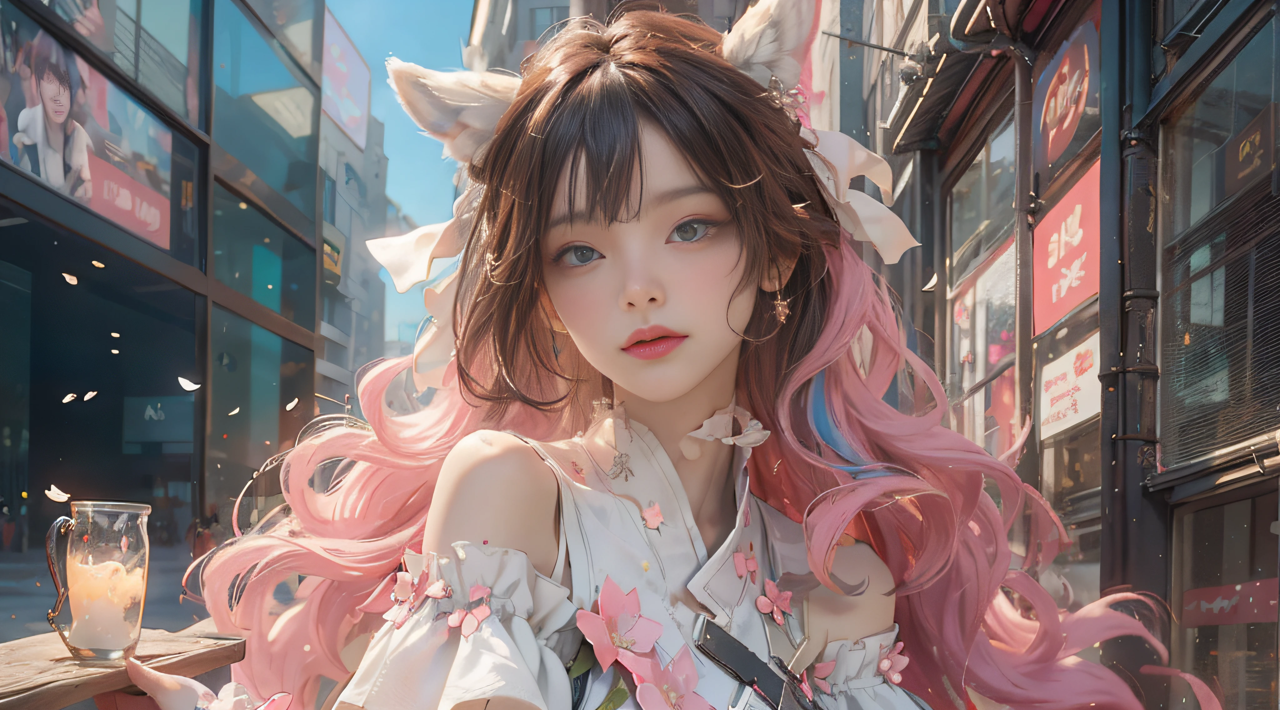 ((best qualtiy)), ((tmasterpiece)), (detail:1.4), Beautiful cyberpunk female images,hdr(HighDynamicRange),Ray traching,NVIDIA RTX,Hyper-Resolution,illusory 5,sub surface scattering,PBR textures,post-proces,Anisotropy Filtering,depth of fields,maximum definition and sharpness,Many-Layer Textures,Albedo e mapas Speculares,Surface coloring,Mitsu-Accurate simulation of material interactions,perfectly proportioned,rendering by octane,Two-colored light,largeaperture,Low ISO,White balance,Rule three points、8K raw data、Beautiful bright blue pupils,off-the-shoulder clothes,Fine pupils,Delicate face and eyes,long eyelasher,Blushlush,Delicate and fluffy hair,pink lip,Pure,Cute face,Sweet girl,Artistic sense,Casual wear,Advancedsense,butterflys,Cherry blossom petal,Beautiful hair accessories,Long hair and waist,Hair fluttering in the wind,Snow-white fox ears,curlies