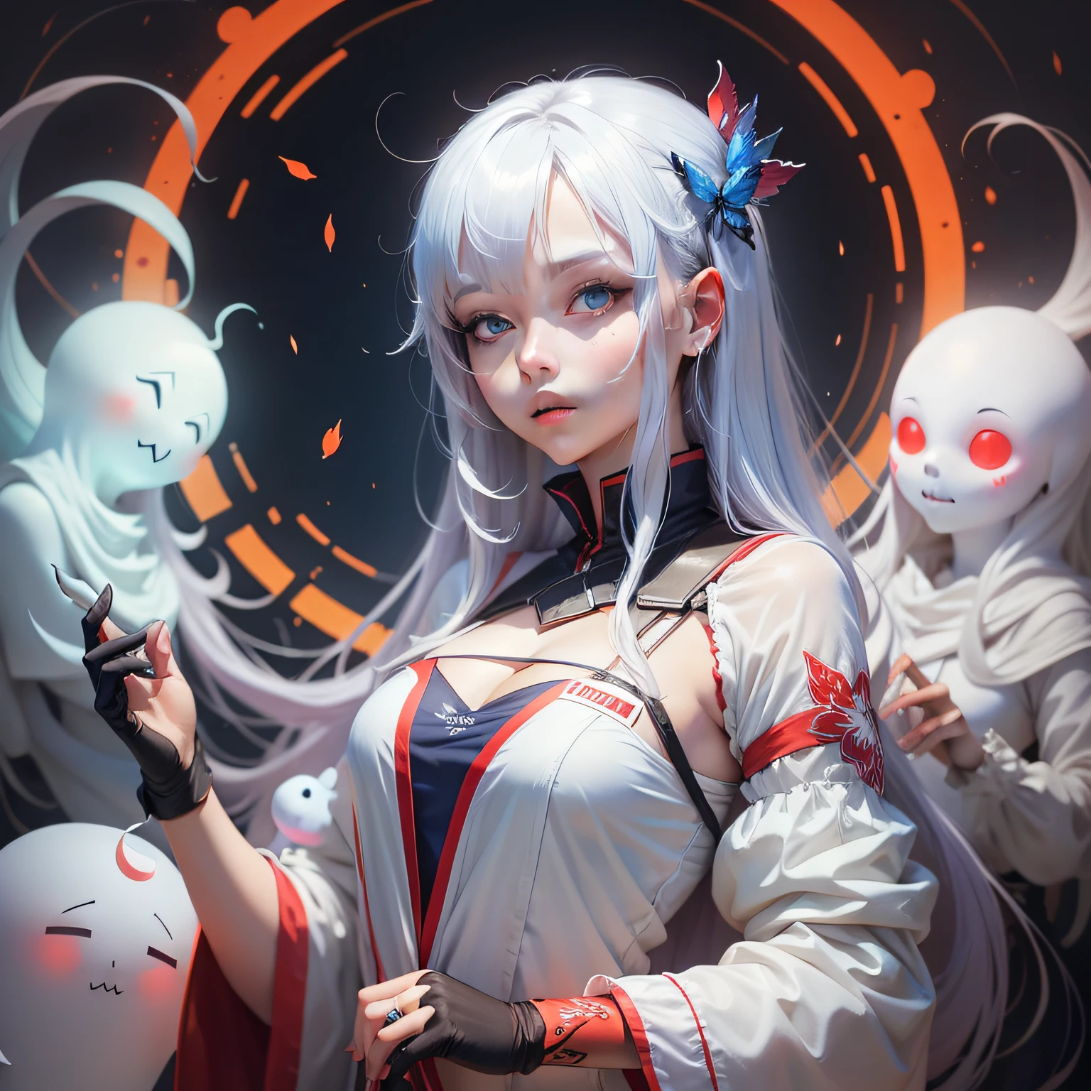 anime character dressed in white with red and blue eyes, white ghosts, best anime 4k konachan wallpaper, artwork in the style of guweiz, guweiz, perfect android girl, pale young ghost girl, guweiz on pixiv artstation, guweiz on artstation pixiv, anime visual of a cute girl