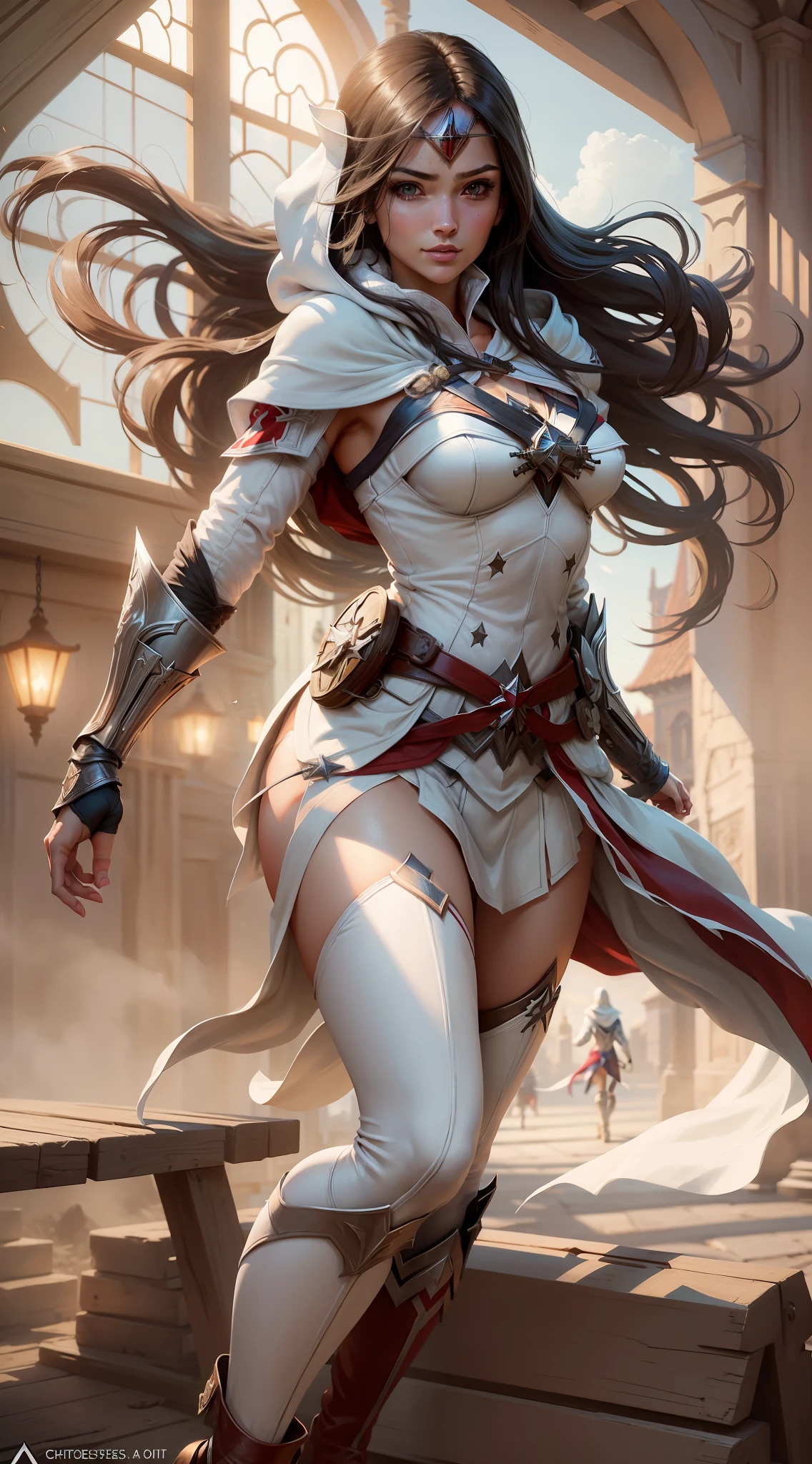 1girl, (masterpiece, top quality, best quality), wonder woman in assassins creed style, assassin white robe, (((white assassins creed cloak with hood))), hidden blades, well-defined body, ample bosom, abs, long sport legs, boots on heels, black hair, hair bobbles, wince, longeyelashes, solid circle eyes, light smile, Renaissance, god rays, ray tracing, dutch angle, atmospheric perspective, atmospheric perspective, masterpiece, UHD, ccurate, high details