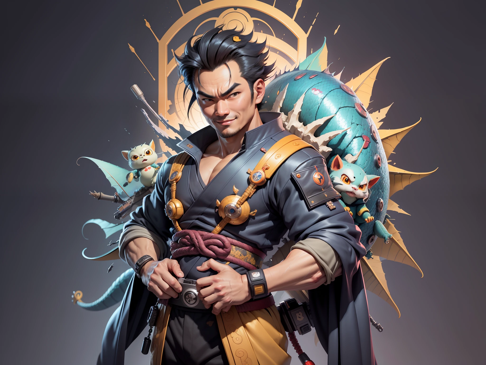 (Daisaku),(Need),(Super meticulous),(full bodyesbian:1.2),Super young man with Japanese geisha,Beautiful,Oriental dragon,Aeolian Thor,Raised sexy,爆乳,Oriental face,TV Anchor,Bust portrait illustration,In black suit,a blue tie,The face is slightly chubby,The face was clean,without a beard,Black super short hair,Black eyes,Smile confidently,3C computer sub-products,iPad, iphone,Digital painting,3D character design by Mark Clairen and Pixar and Hayao Miyazaki and Akira Toriyama,The illustration is a high-definition illustration in 4K resolution,With very detailed facial features and cartoon-style visuals。