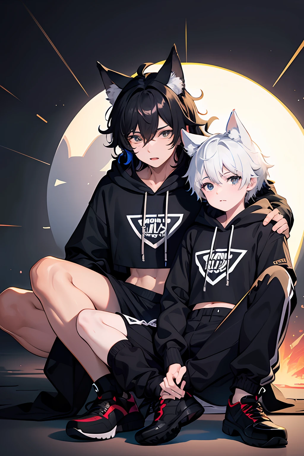 2boy, tight, sharp big wolf ears, wolf tail, black messy hair, wide and very vivid black eyes, HD, masterpiece, vibrant, slim dark crop top hoodie, full body view, trendy hair, nature rich background
