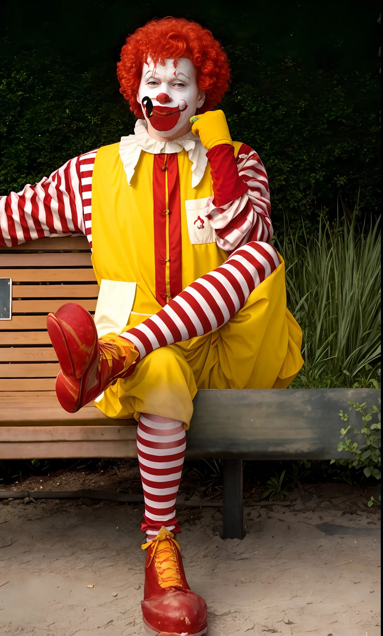 clown dressed in red wig and striped shirt of clown ronald mcdonalds, clown painted face, sentado em um banco, ronald mcdonald, Imagem de Ronald McDonald, Ronald McDonald como um Muppet, pauline hanson as a clown, Penteado vermelho Ronald McDonald, red ronald mcdonald messy hair, Cabelo vermelho de Ronald McDonald, capitalist clown, Mcdonald, wearing accurate clown makeup, communist clown, Stephen King como Pennywise, the clown is far from the camera, sharp facial features