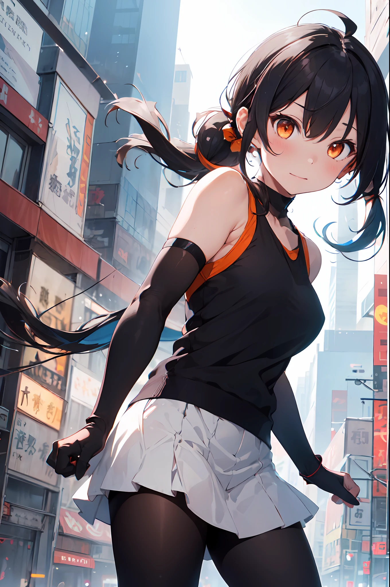 1girl,ahoge,bare shoulders,black gloves,black hair,breasts,elbow gloves,floating hair,gloves,hair ornament,long hair,looking at viewer,medium breasts,night,orange eyes,outdoors,partially fingerless gloves,sleeveless,sleeveless shirt,solo,v-shaped eyebrows,very long hair,leggings ,black hair,ponytail,multicolored hair,streaked hair,futuristic,cyberpunk,sakifuwa, very long skirt
