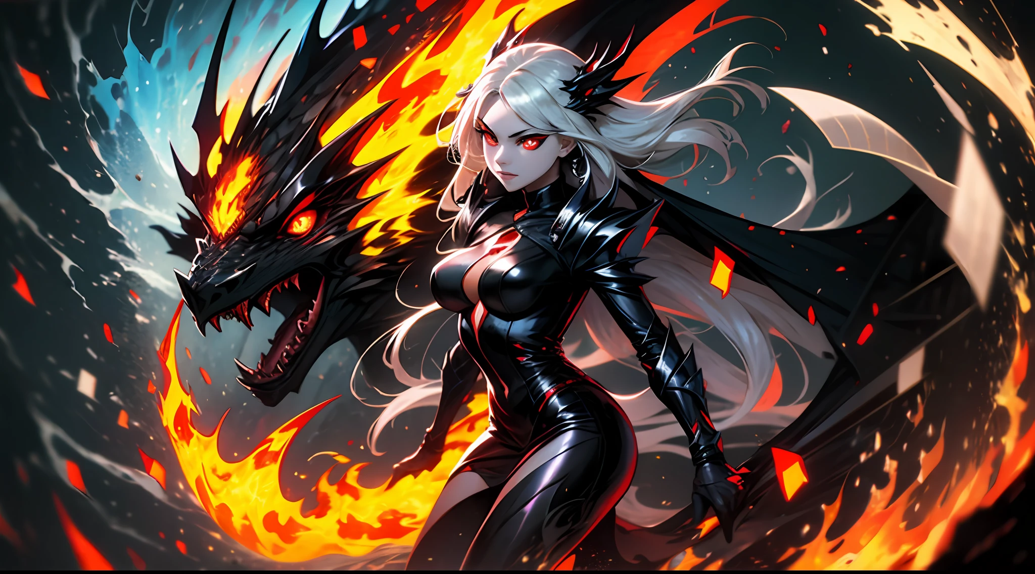 A girl and a black dragon with red eyes surrounded by fire
