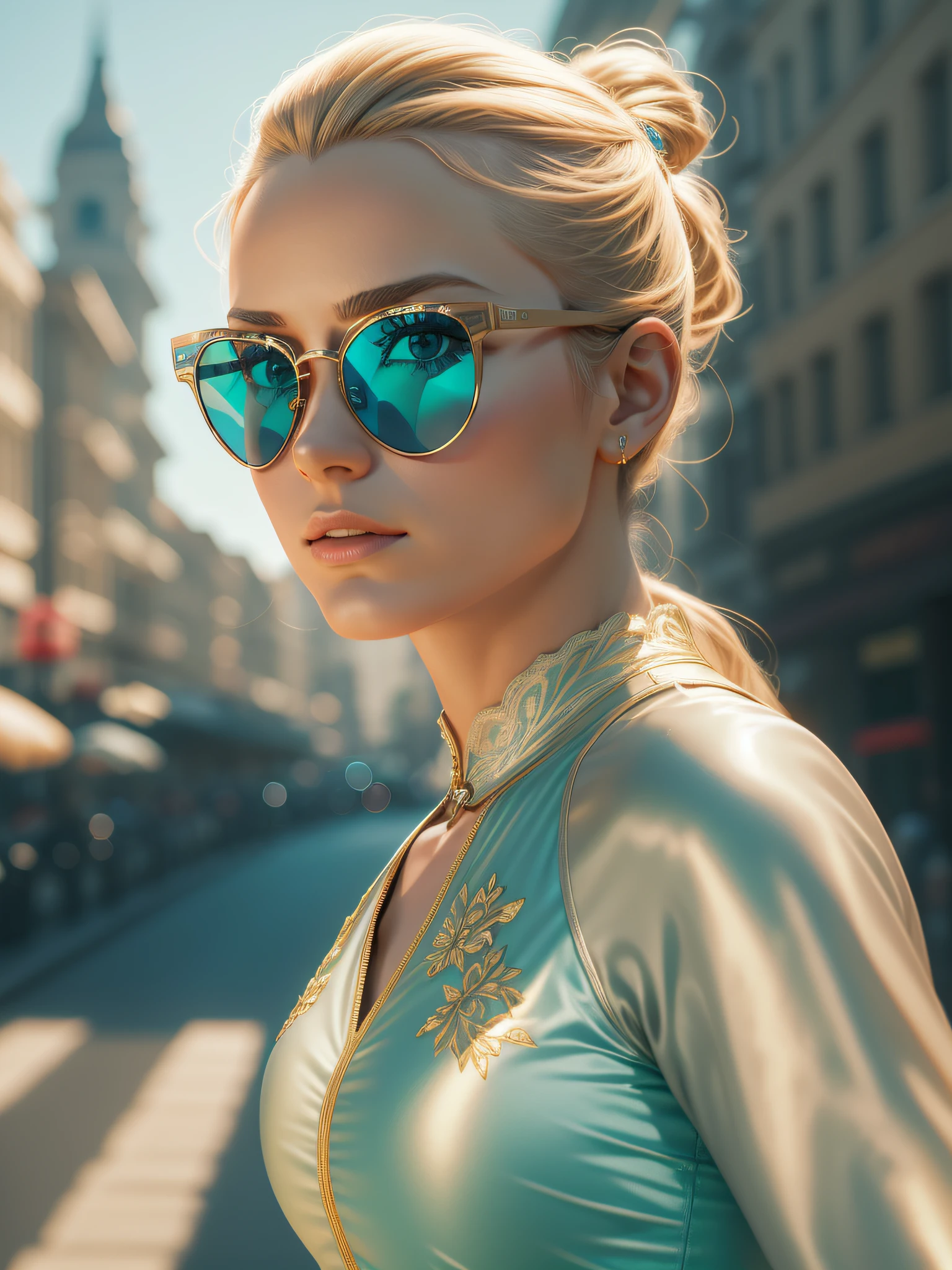 (master part), best quality. Beautiful woman with an athletic body, roupas de lycra, longos cabelos loiros amarrados, Sunglasses, elegante, atordoante, Caminhando por uma rua de asfalto, Cidade em segundo plano, blue skies. dia ensolarado, luz natural. cinemactic, global ilumination, incrivelmente detalhado, digital illustation, Sombra celular, Rastreamento de vray, ultra realistic, DSLR, 8k