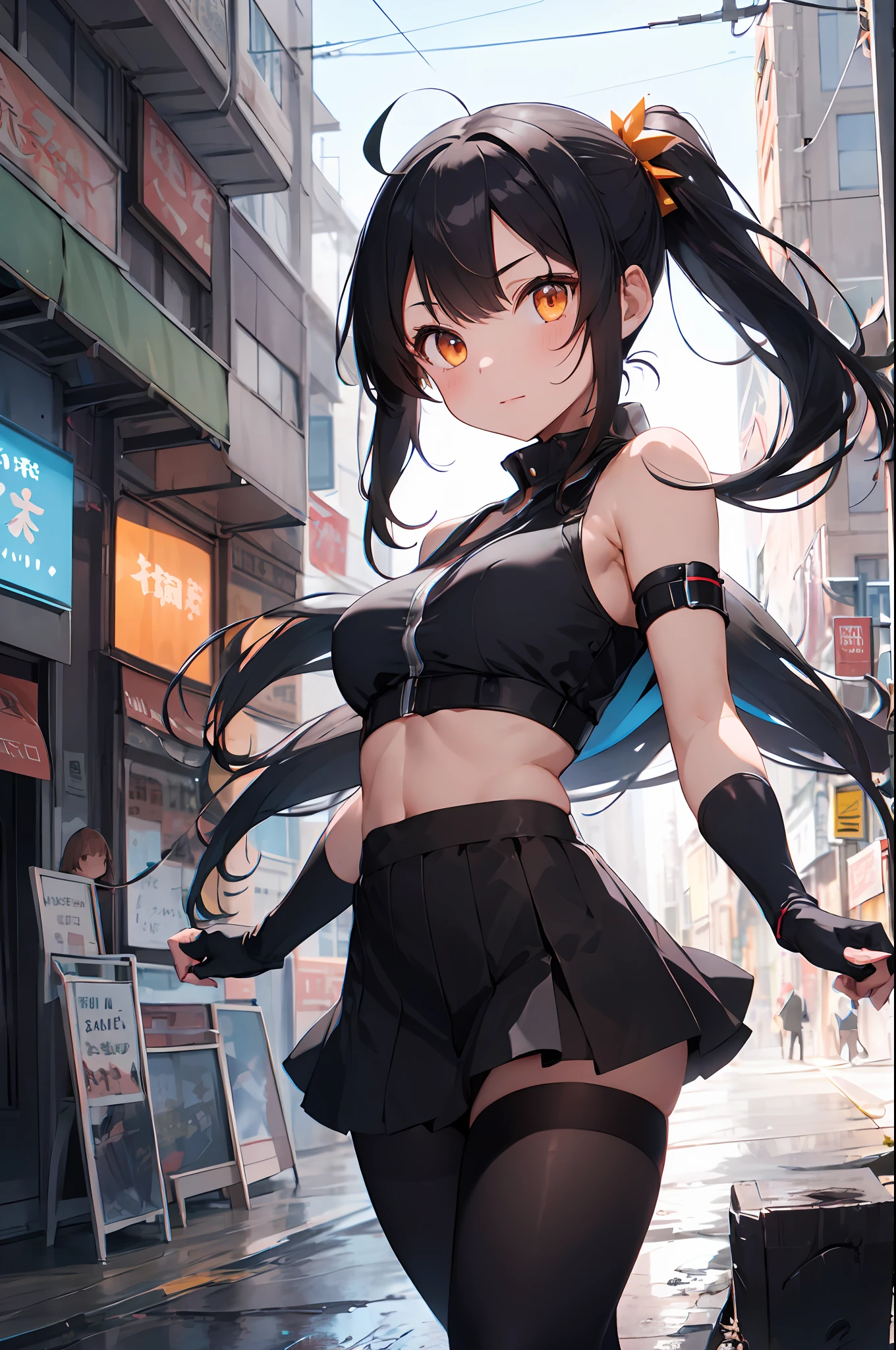 1girl,ahoge,bare shoulders,black gloves,black hair,breasts,elbow gloves,floating hair,gloves,hair ornament,long hair,looking at viewer,medium breasts,night,orange eyes,outdoors,partially fingerless gloves,sleeveless,sleeveless shirt,solo,v-shaped eyebrows,very long hair,leggings ,black hair,ponytail,multicolored hair,streaked hair,futuristic,cyberpunk,sakifuwa, very long skirt