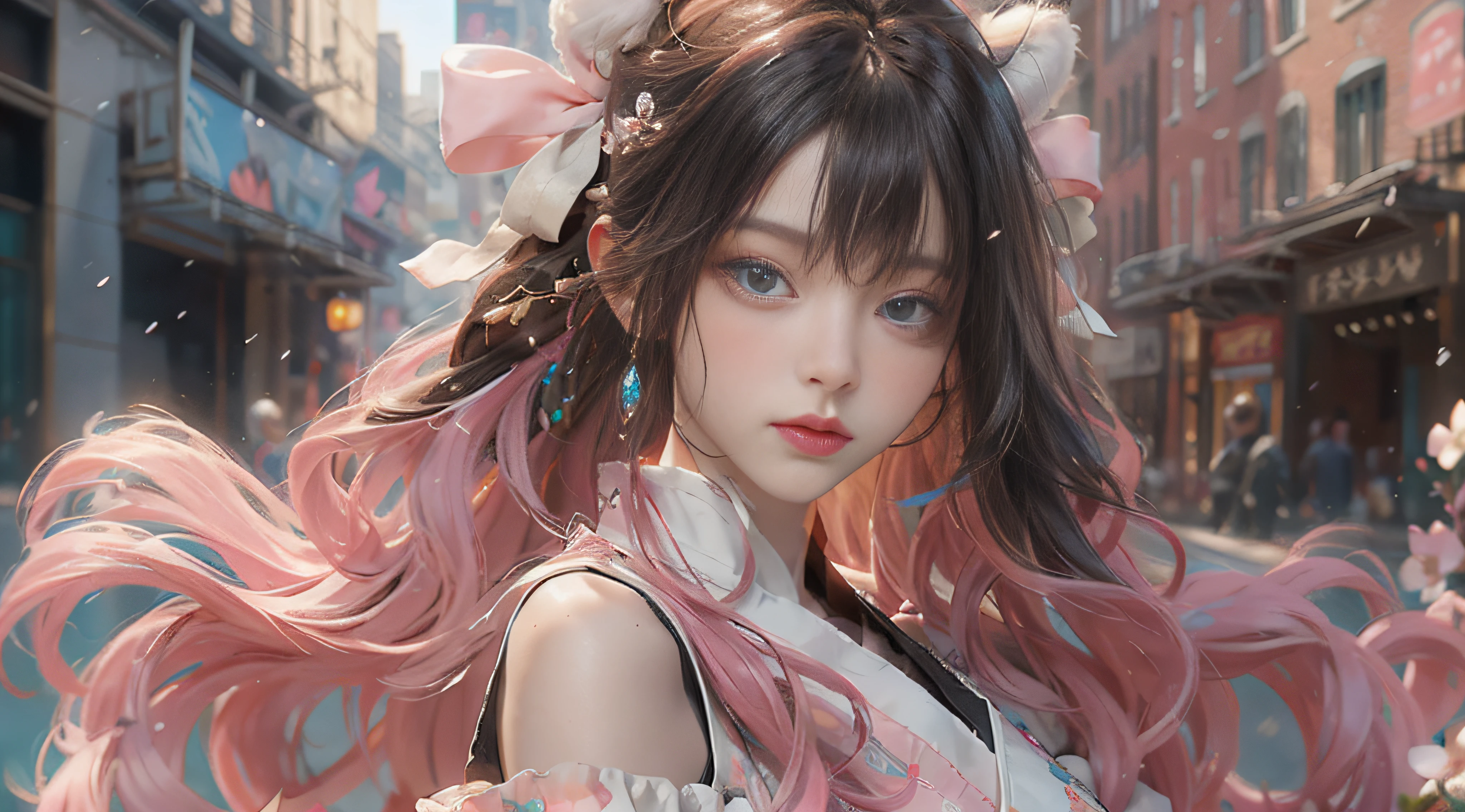 （（best qualtiy））， （（tmasterpiece））， （detail：1.4）， Beautiful cyberpunk female images，hdr（HighDynamicRange），Ray traching，NVIDIA RTX，Hyper-Resolution，illusory 5，sub surface scattering，PBR textures，post-proces，Anisotropy Filtering，depth of fields，maximum definition and sharpness，Many-Layer Textures，Albedo e mapas Speculares，Surface coloring，Mitsu-Accurate simulation of material interactions，perfectly proportioned，rendering by octane，Two-colored light，largeaperture，Low ISO，White balance，Rule three points、8K raw data、Beautiful bright blue pupils，off-the-shoulder clothes，Fine pupils，Delicate face and eyes，long eyelasher，Blushlush，Delicate and fluffy hair，pink lip，Pure，Cute face，Sweet girl，Artistic sense，Casual wear，Advancedsense，butterflys，Cherry blossom petal，Beautiful hair accessories，Long hair and waist，Hair fluttering in the wind，Snow-white fox ears，curlies