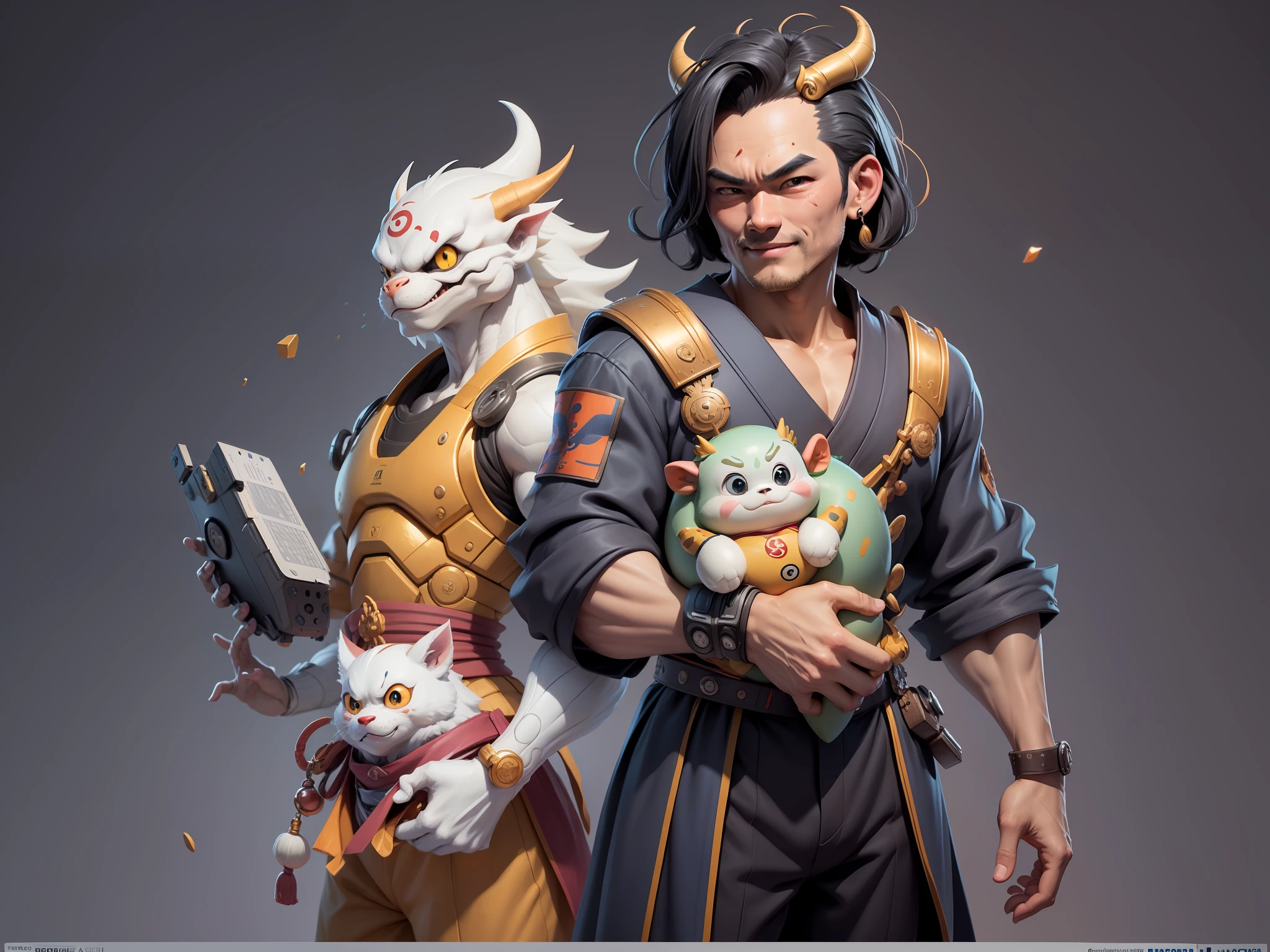 (Daisaku),(Need),(Super meticulous),(full bodyesbian:1.2),Super young man with Japanese geisha,Beautiful,Oriental dragon,Aeolian Thor,Raised sexy,爆乳,Oriental face,TV Anchor,Bust portrait illustration,In black suit,a blue tie,The face is slightly chubby,The face was clean,without a beard,Black super short hair,Black eyes,Smile confidently,3C computer sub-products,iPad, iphone,Digital painting,3D character design by Mark Clairen and Pixar and Hayao Miyazaki and Akira Toriyama,The illustration is a high-definition illustration in 4K resolution,With very detailed facial features and cartoon-style visuals。