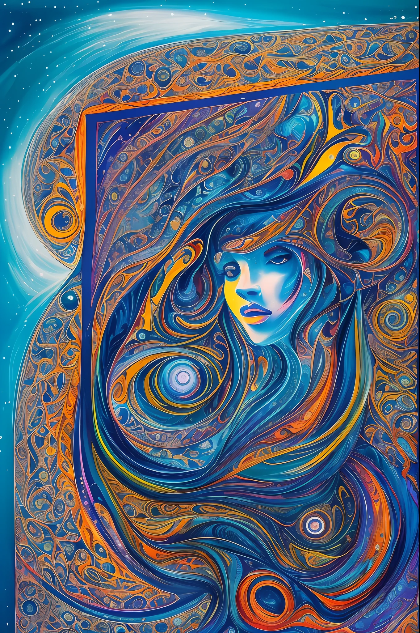 A mesmerizing combination of vibrant dark blue colors and abstract shapes in a mind-blowing setting. [A whale:1.9] psychedelic blue light emerges at the center of the composition, emanating blue energy and mystery. Intricate details and psychedelic blue patterns wrap around the main element, creating a sense of movement and depth. sea whales --auto --s2