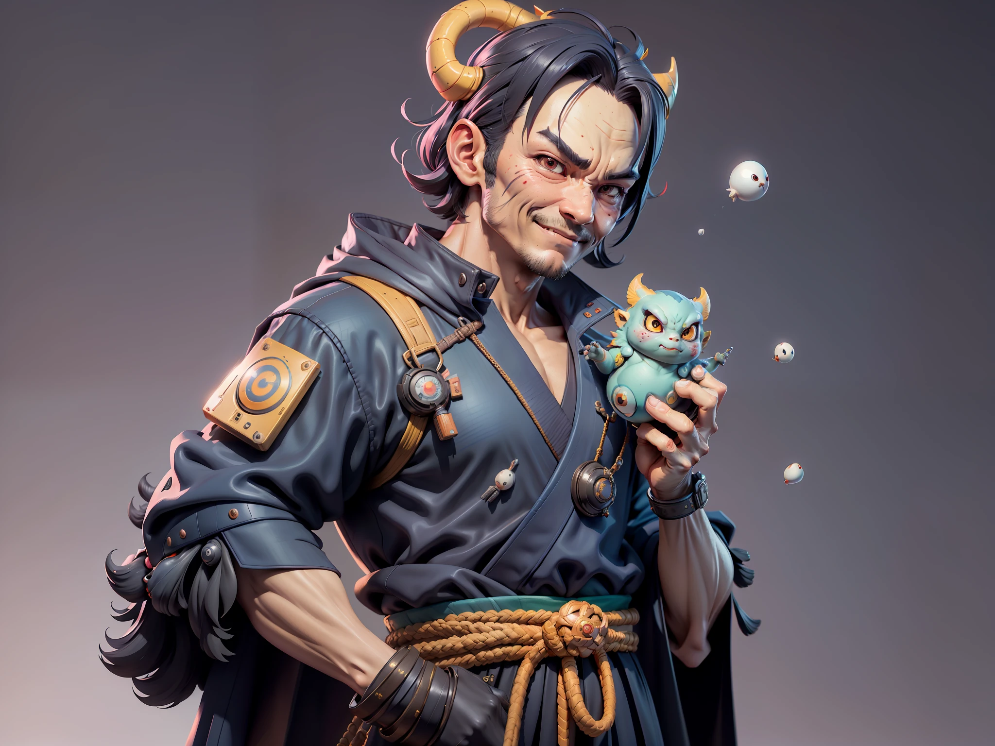 (Daisaku),(Need),(Super meticulous),(full bodyesbian:1.2),Super young man with Japanese geisha,Beautiful,Oriental dragon,Aeolian Thor,Raised sexy,爆乳,Oriental face,TV Anchor,Bust portrait illustration,In black suit,a blue tie,The face is slightly chubby,The face was clean,without a beard,Black super short hair,Black eyes,Smile confidently,3C computer sub-products,iPad, iphone,Digital painting,3D character design by Mark Clairen and Pixar and Hayao Miyazaki and Akira Toriyama,The illustration is a high-definition illustration in 4K resolution,With very detailed facial features and cartoon-style visuals。