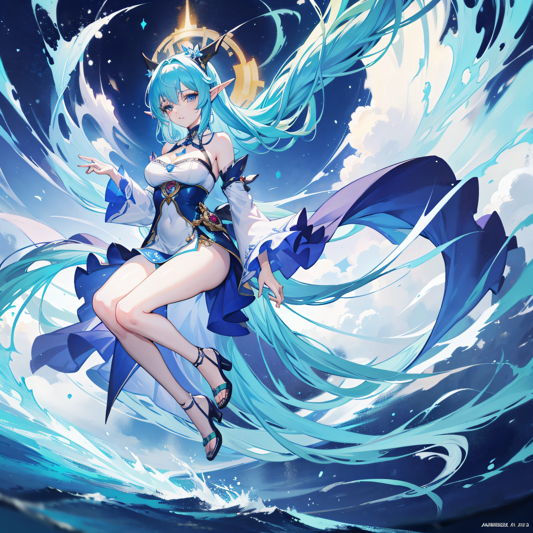 anime - style image of a woman with blue hair and a blue dress, extremely detailed artgerm, trending on artstation pixiv, artgerm on artstation pixiv, 8k high quality detailed art, anime goddess, ! dream artgerm, genshin, 2. 5 d cgi anime fantasy artwork, anime fantasy artwork,((elf ears)), ((long hair)), ((clothes)), ((full body))