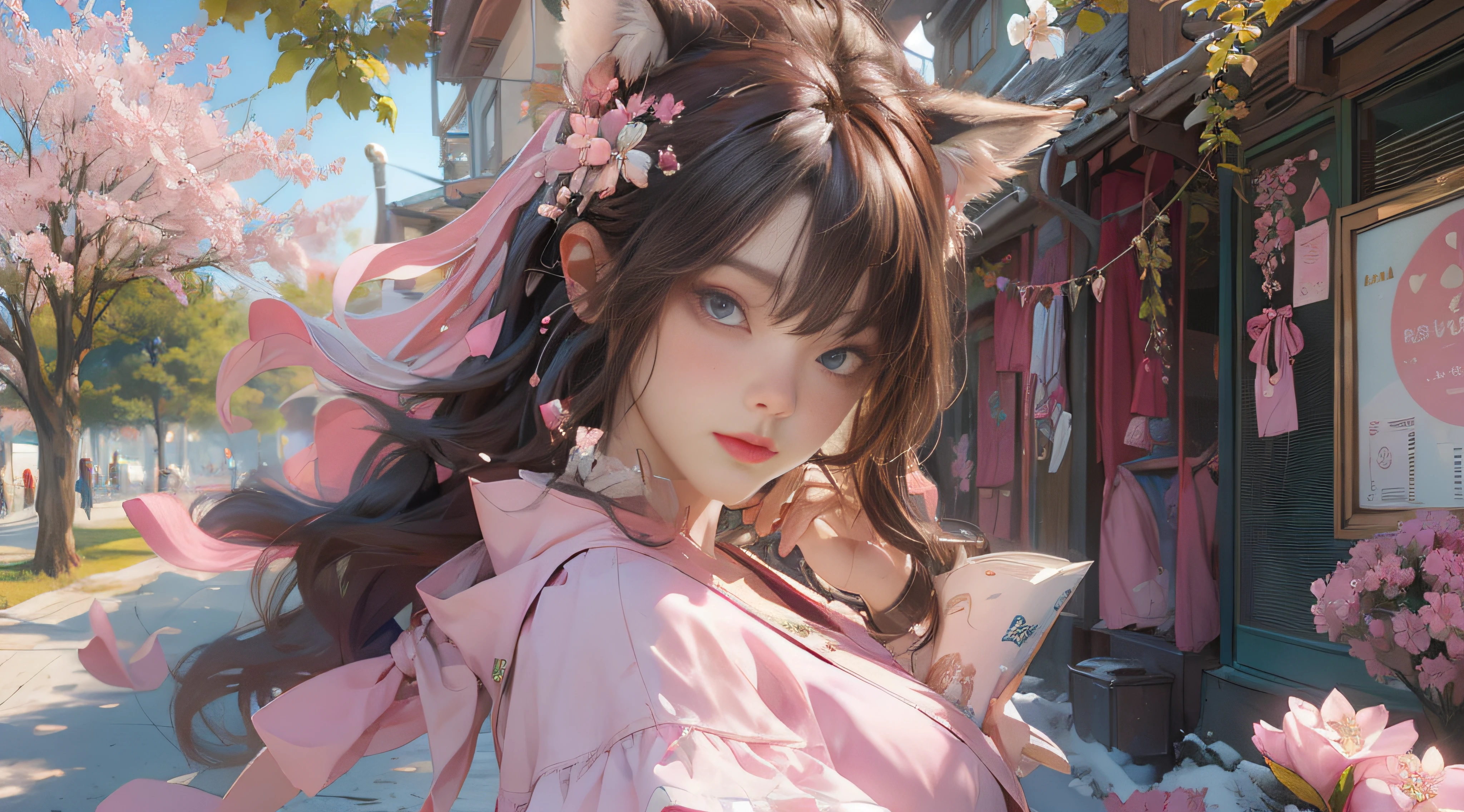 ((best qualtiy)), ((tmasterpiece)), (detail:1.4), Beautiful cyberpunk female images,hdr(HighDynamicRange),Ray traching,NVIDIA RTX,Hyper-Resolution,illusory 5,sub surface scattering,PBR textures,post-proces,Anisotropy Filtering,depth of fields,maximum definition and sharpness,Many-Layer Textures,Albedo e mapas Speculares,Surface coloring,Mitsu-Accurate simulation of material interactions,perfectly proportioned,rendering by octane,Two-colored light,largeaperture,Low ISO,White balance,Rule three points、8K raw data、Beautiful bright blue pupils,off-the-shoulder clothes,Fine pupils,Delicate face and eyes,long eyelasher,Blushlush,Delicate and fluffy hair,pink lip,Pure,Cute face,Sweet girl,Artistic sense,Casual wear,Advancedsense,butterflys,Cherry blossom petal,Beautiful hair accessories,Long hair and waist,Hair fluttering in the wind,Snow-white fox ears,curlies