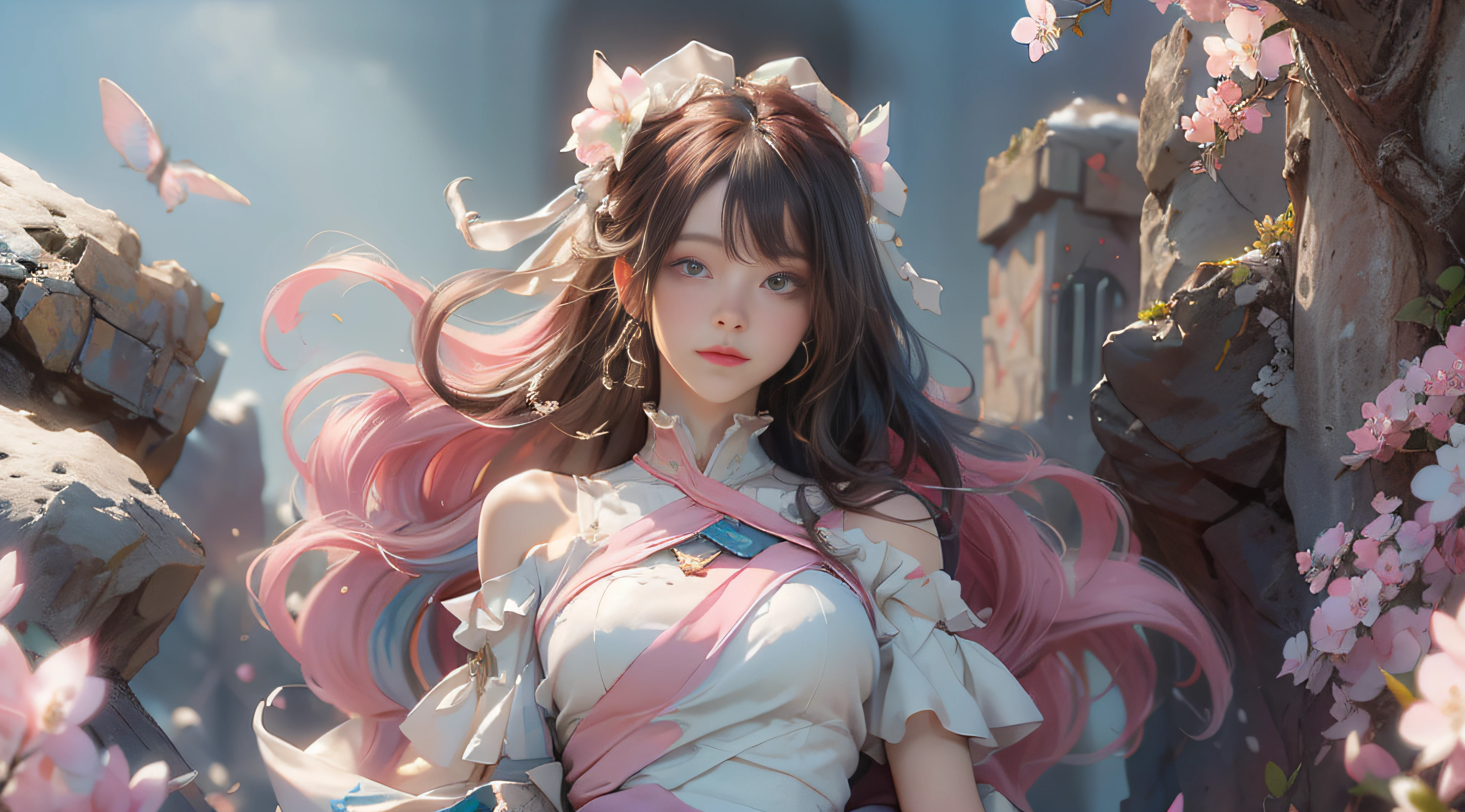((best qualtiy)), ((tmasterpiece)), (detail:1.4), Beautiful cyberpunk female images,hdr(HighDynamicRange),Ray traching,NVIDIA RTX,Hyper-Resolution,illusory 5,sub surface scattering,PBR textures,post-proces,Anisotropy Filtering,depth of fields,maximum definition and sharpness,Many-Layer Textures,Albedo e mapas Speculares,Surface coloring,Mitsu-Accurate simulation of material interactions,perfectly proportioned,rendering by octane,Two-colored light,largeaperture,Low ISO,White balance,Rule three points、8K raw data、Beautiful bright blue pupils,off-the-shoulder clothes,Fine pupils,Delicate face and eyes,long eyelasher,Blushlush,Delicate and fluffy hair,pink lip,Pure,Cute face,Sweet girl,Artistic sense,Casual wear,Advancedsense,butterflys,Cherry blossom petal,Beautiful hair accessories,Long hair and waist,Hair fluttering in the wind,Snow-white fox ears,curlies