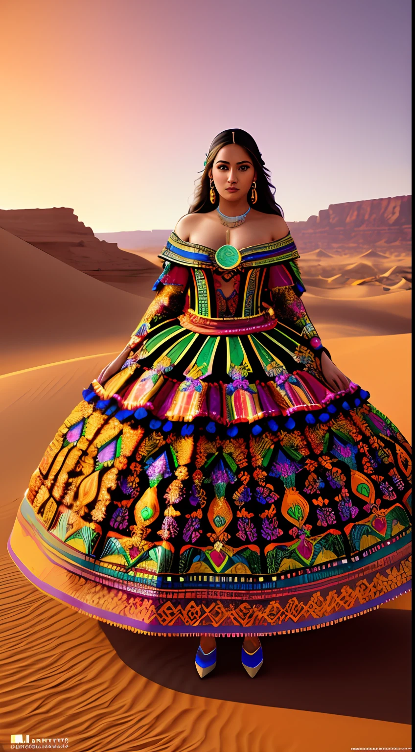 create Mariana Davalos in Full body photography of the most beautiful artwork in the world, a beautiful woman in intricate costume burning in the desert, rainbow colors, ArtStation, CGSociety, complex, high detail, clear focus, dramatic, realistic pictorial art trends Greg Rutkovsky