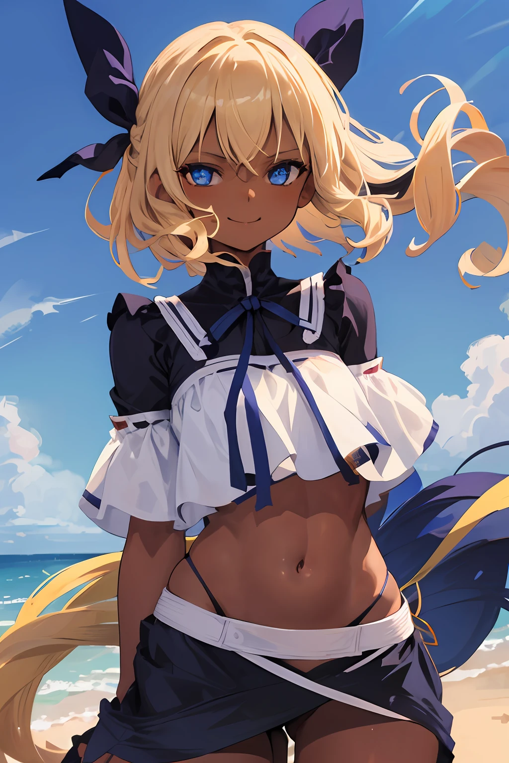 1girl,dark-skinned female, blonde hair, blue eyes, short hair, wavy hair, hair ribbon, blue ribbon, midriff, potrait, outdoors, smirk,