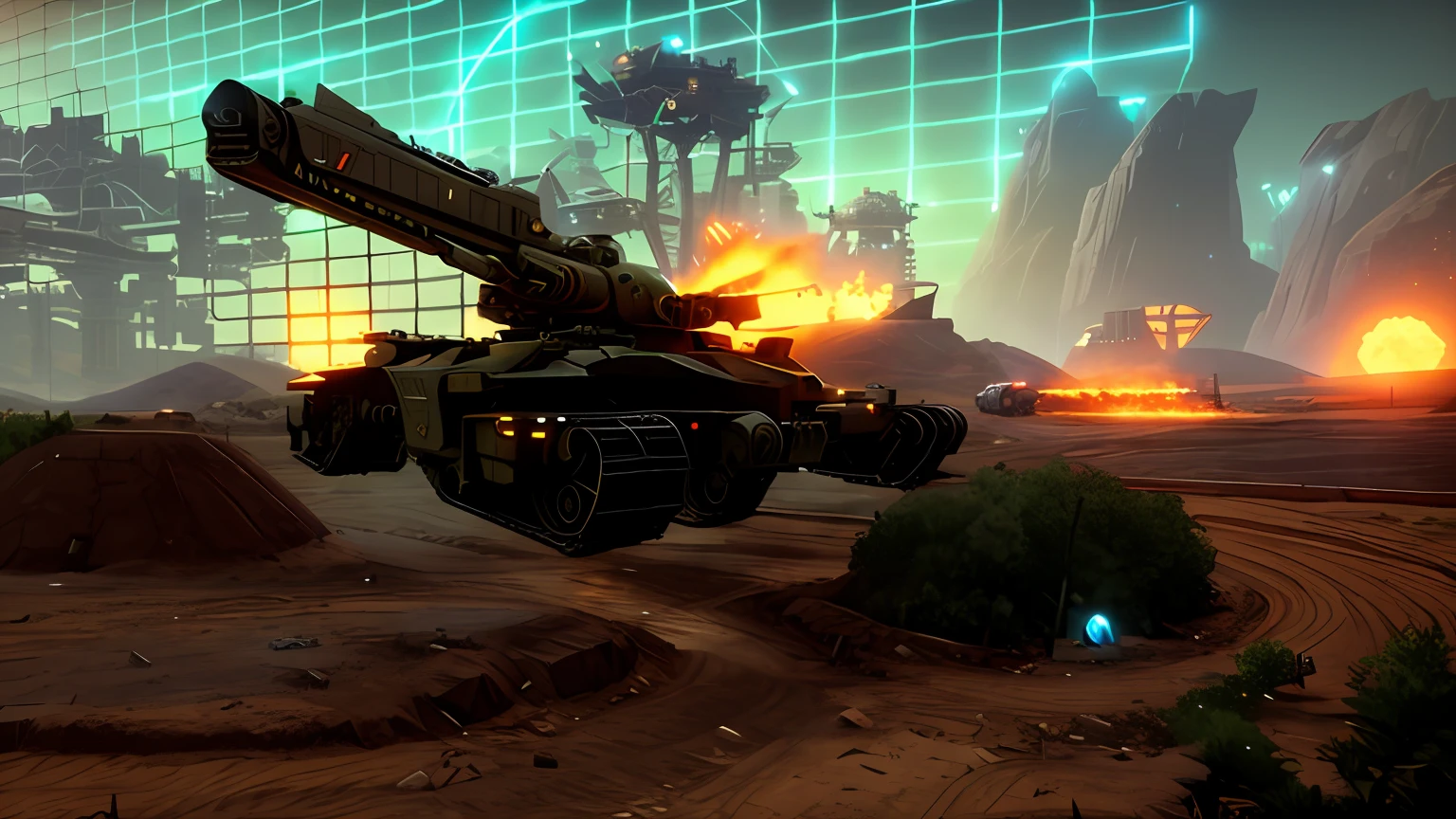 A large crane sits on the dirt road, Moody mining planet, new vehicle, Futuristic outpost building, futuristic battle tank, satisfactory screenshot, rocket league tank, scifi base, tank has a large solid cannon, discarded mech in background, scifi farm, sci-fi highly detailed, sci - fi setting, giant sentinel crashed on earth, mining outpost