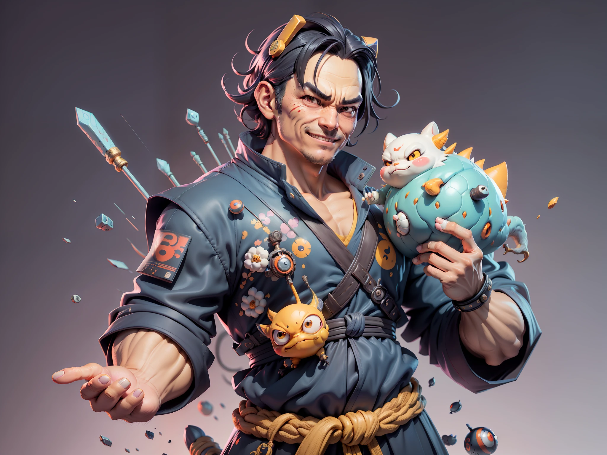 (Daisaku),(Need),(Super meticulous),(full bodyesbian:1.2),Super young man with Japanese geisha,Beautiful,Oriental dragon,Aeolian Thor,Raised sexy,爆乳,Oriental face,TV Anchor,Bust portrait illustration,In black suit,a blue tie,The face is slightly chubby,The face was clean,without a beard,Black super short hair,Black eyes,Smile confidently,3C computer sub-products,iPad, iphone,Digital painting,3D character design by Mark Clairen and Pixar and Hayao Miyazaki and Akira Toriyama,The illustration is a high-definition illustration in 4K resolution,With very detailed facial features and cartoon-style visuals。