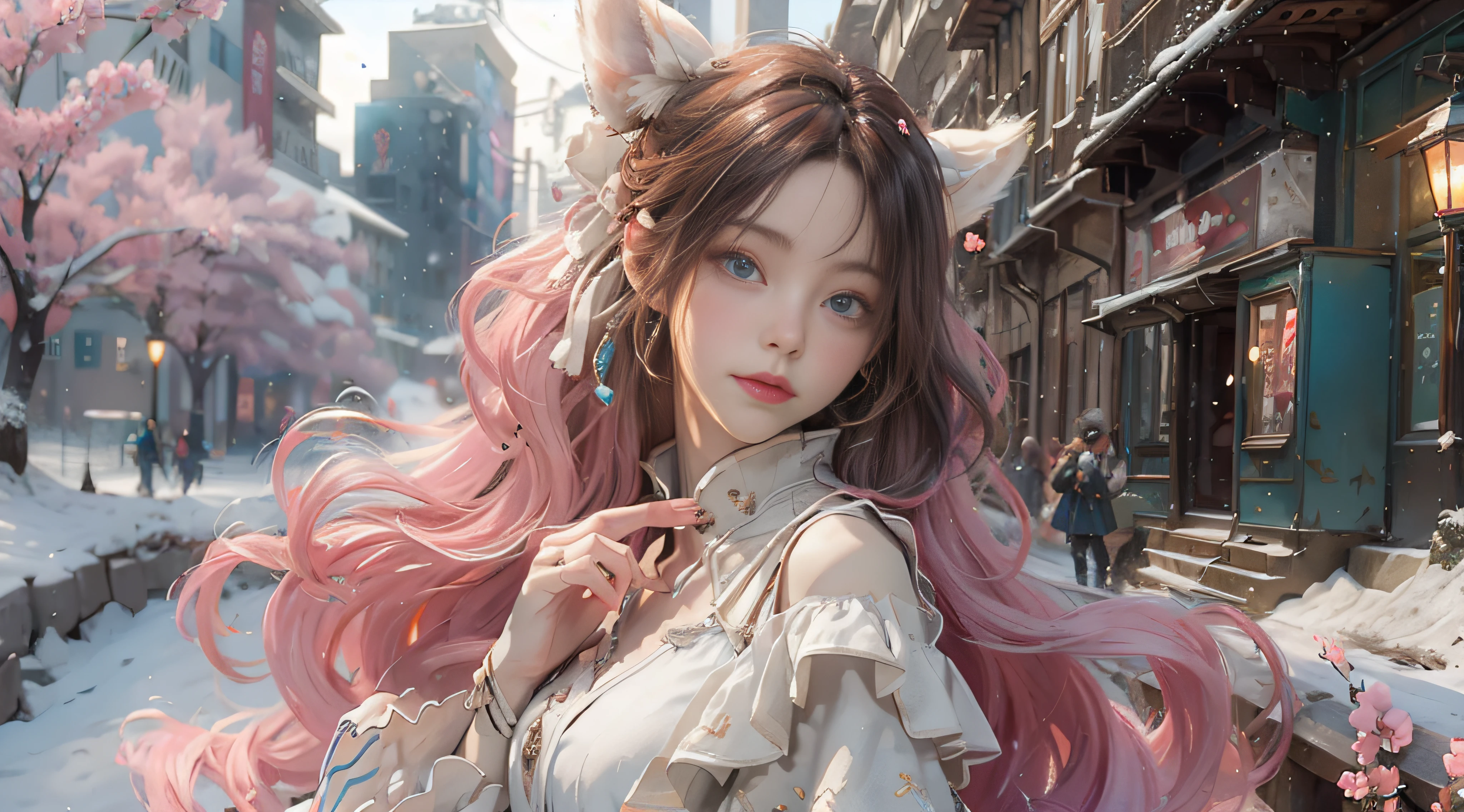 ((best qualtiy)), ((tmasterpiece)), (detail:1.4), Beautiful cyberpunk female images,hdr(HighDynamicRange),Ray traching,NVIDIA RTX,Hyper-Resolution,illusory 5,sub surface scattering,PBR textures,post-proces,Anisotropy Filtering,depth of fields,maximum definition and sharpness,Many-Layer Textures,Albedo e mapas Speculares,Surface coloring,Mitsu-Accurate simulation of material interactions,perfectly proportioned,rendering by octane,Two-colored light,largeaperture,Low ISO,White balance,Rule three points、8K raw data、Beautiful bright blue pupils,off-the-shoulder clothes,Fine pupils,Delicate face and eyes,long eyelasher,Blushlush,Delicate and fluffy hair,pink lip,Pure,Cute face,Sweet girl,Artistic sense,Casual wear,Advancedsense,butterflys,Cherry blossom petal,Beautiful hair accessories,Long hair and waist,Hair fluttering in the wind,Snow-white fox ears,curlies