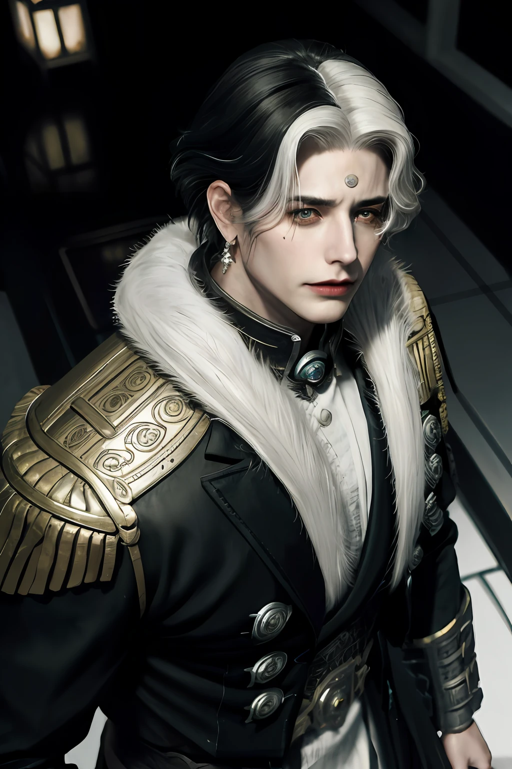 masterpiece, best quality, highres, 1boy, old, brutal, solo, emet selch, white streaked hair, black hair photorealistic, serious,