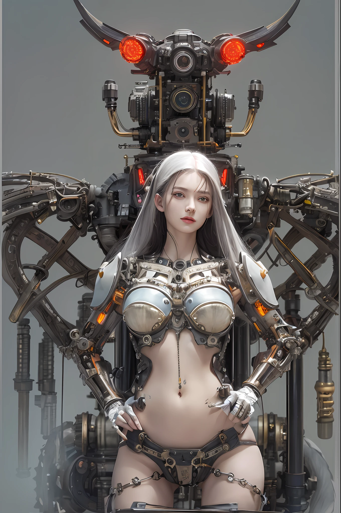 top-quality、​masterpiece、超A high resolution、(Photorealsitic:1.4)、Raw photo、1人、Black hair、glowy skin、1 Machine Devil、large metal wings、Metal Corner、((super realistic details))、portlate、globalillumination、Shadow、octan render、8K、ultrasharp、Colossal tits、Raw skin is exposed in cleavage、metals、Details of complex ornaments、Steampunk details、vacuum tubes、Nixie Kan、Oil pressure gauge、Glass Kan、Analog Meter、gear wheel、gear、Hydraulic cylinder、highly intricate detail、Realistic light、Red Eyes、radiant eyes、Facing the camera、neon details、Mechanical limbs、blood vessels connected to tubes、Mechanical vertebrae attached to the back、mechanical cervical attaching to neck、sitting on、Wires and cables connecting to the head、Small LED lamp、Sumerian details、
