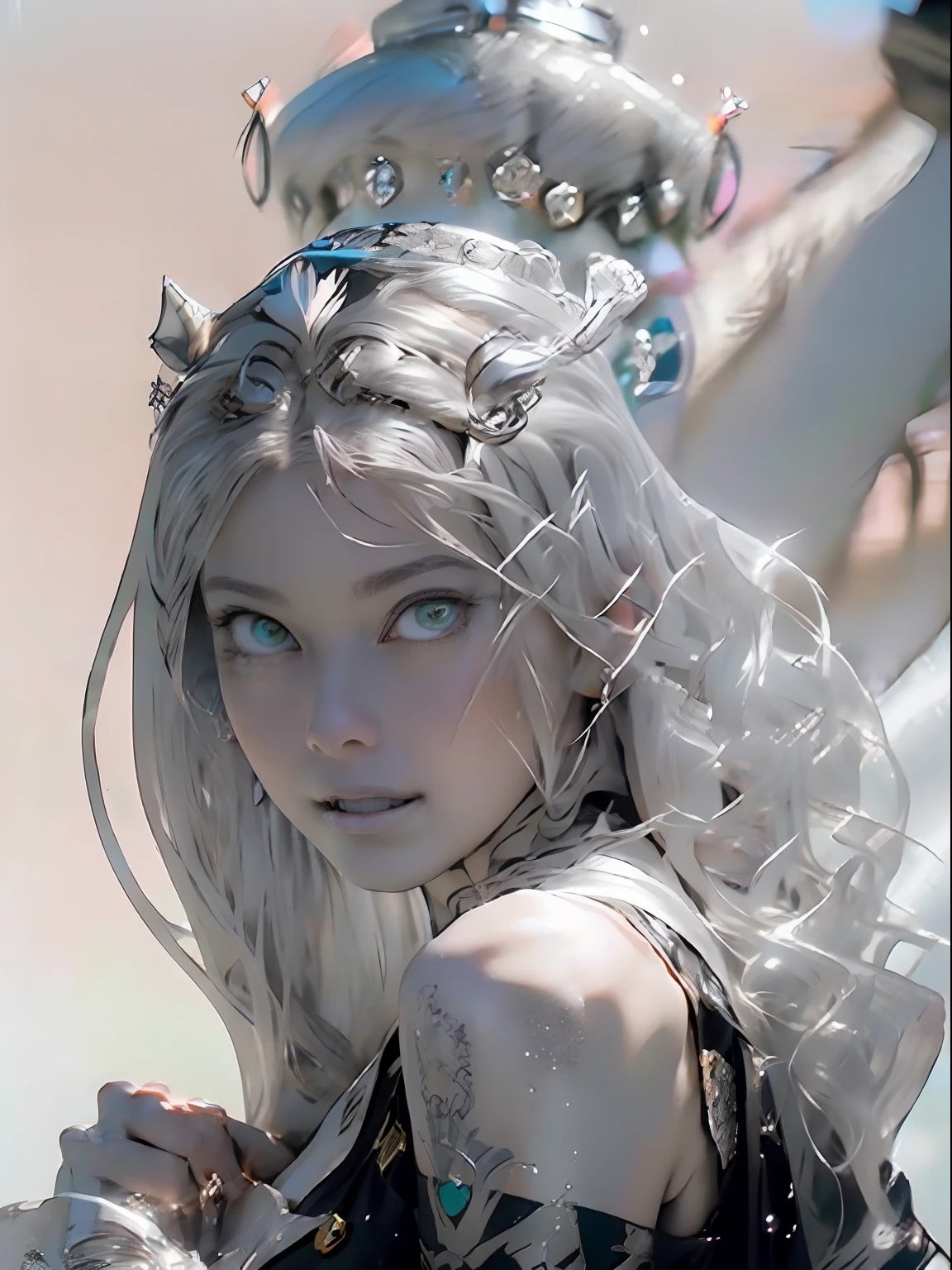 Ultra-detailed complex 3D rendering of the face, (masterpiece, top quality, octane rendering,), glamour shots full body image, very beautiful young elves, cleavage, (highly detailed skin: 1.2), (exposure: 1.1), ((blue micro bikini: 1.95)))). , 8k, (((very soft breasts)), (((conspicuous large pink areola)), beautiful Caucasian woman with white skin with full soft breasts with big buttocks, one, long braided hair, big breasts, dynamic angles, (((huge breasts: 2.4)), ultra-realistic photos, ((((((silver hair)))), futuristic urban background, facial muscles, (((((detailed and glamorous silver crown)))), In the style of Marvel Comics, ArtStation Trends, Clear Focus, Intricate Details, Very Detailed, Detailed Green Eyes, Sharp Focus, Digital Rendering, Professional, Abs, Lip Gloss, Glossy Skin, Sexy Pose, Golden Tattoo All Over Body, Silver Pattern All Over Body, Silver Lame Skin, Gold Glitter Skin, Mansuji, Buttocks, Jeweled All Over the Body, with silver scales, silver hair,