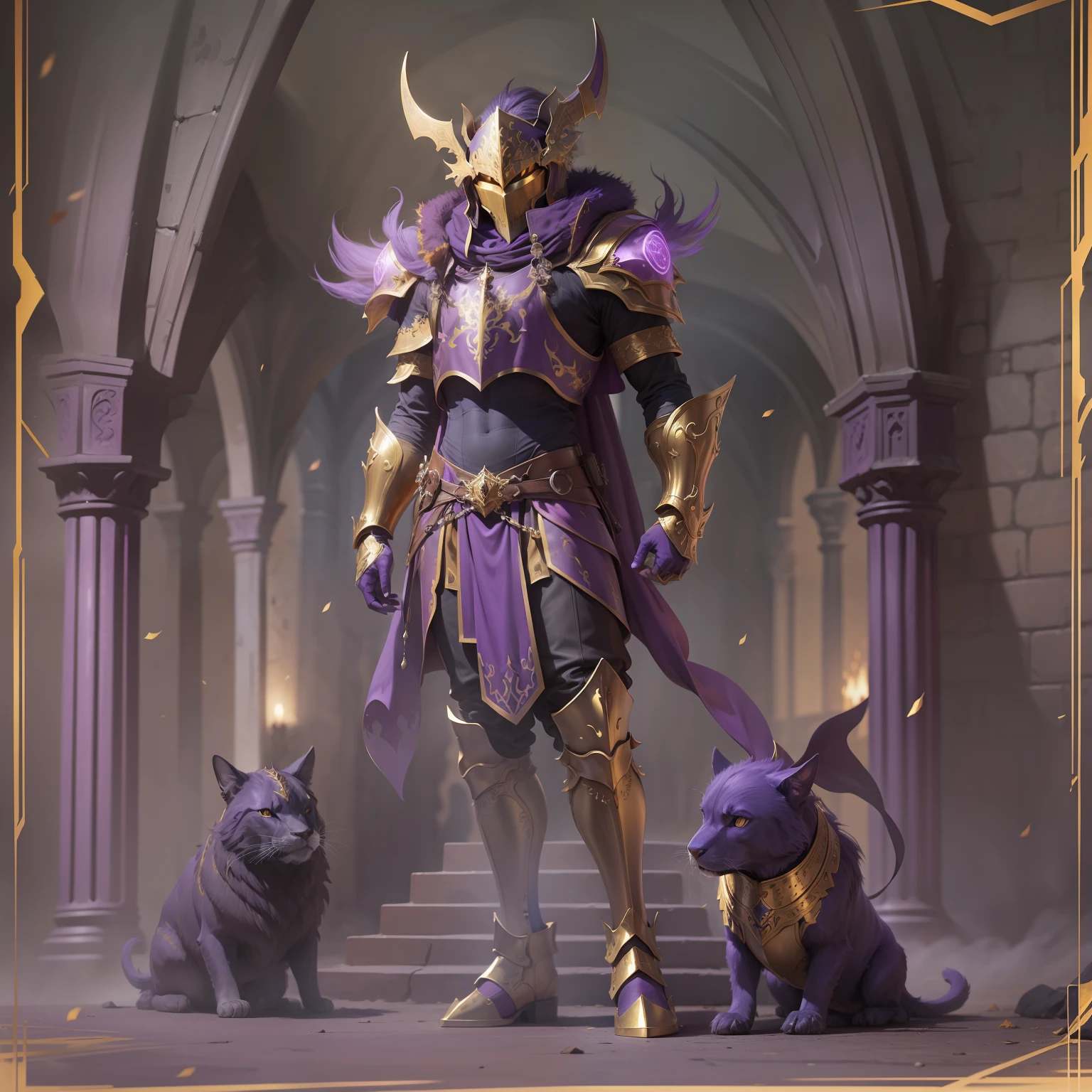 Purple and yellow aura behind, great golden brilliant armour, medieval, dark fantasy