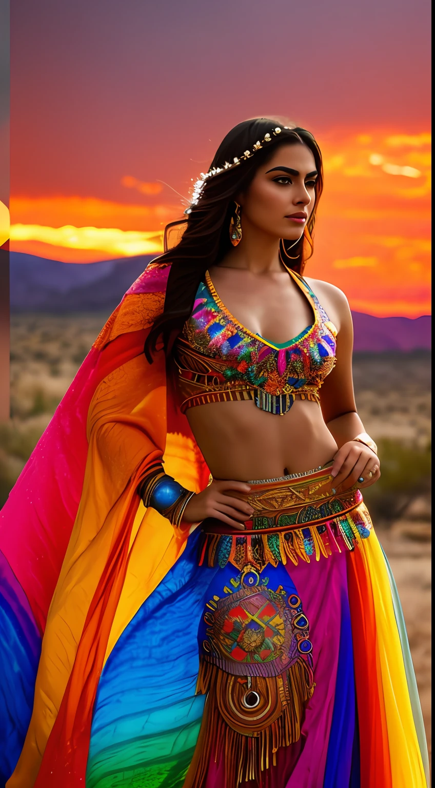 create Mariana Davalos in Full body photography of the most beautiful artwork in the world, a beautiful woman in intricate costume burning in the desert, rainbow colors, ArtStation, CGSociety, complex, high detail, clear focus, dramatic, realistic pictorial art trends Greg Rutkovsky