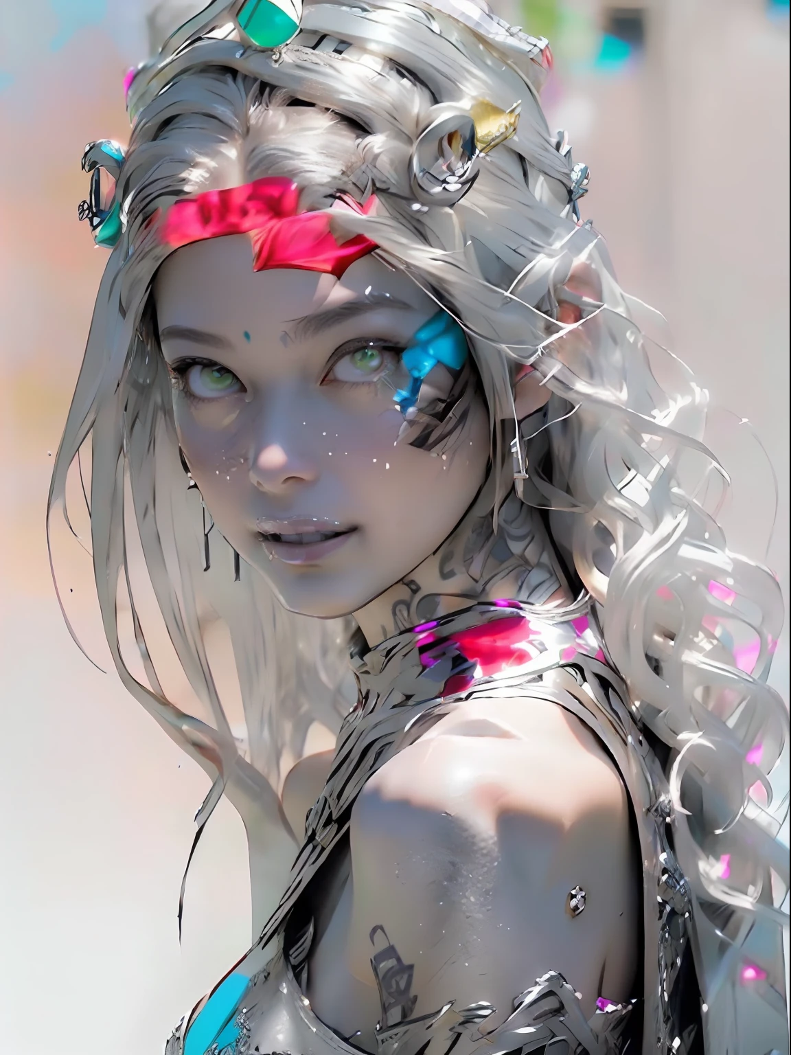 Ultra-detailed complex 3D rendering of the face, (masterpiece, top quality, octane rendering,), glamour shots full body image, very beautiful young elves, cleavage, (highly detailed skin: 1.2), (exposure: 1.1), ((blue micro bikini: 1.95)))). , 8k, (((very soft breasts)), (((conspicuous large pink areola)), beautiful Caucasian woman with white skin with full soft breasts with big buttocks, one, long braided hair, big breasts, dynamic angles, (((huge breasts: 2.4)), ultra-realistic photos, ((((((silver hair)))), futuristic urban background, facial muscles, (((((detailed and glamorous silver crown)))), In the style of Marvel Comics, ArtStation Trends, Clear Focus, Intricate Details, Very Detailed, Detailed Green Eyes, Sharp Focus, Digital Rendering, Professional, Abs, Lip Gloss, Glossy Skin, Sexy Pose, Golden Tattoo All Over Body, Silver Pattern All Over Body, Silver Lame Skin, Gold Glitter Skin, Mansuji, Buttocks, Jeweled All Over the Body, with silver scales, silver hair,