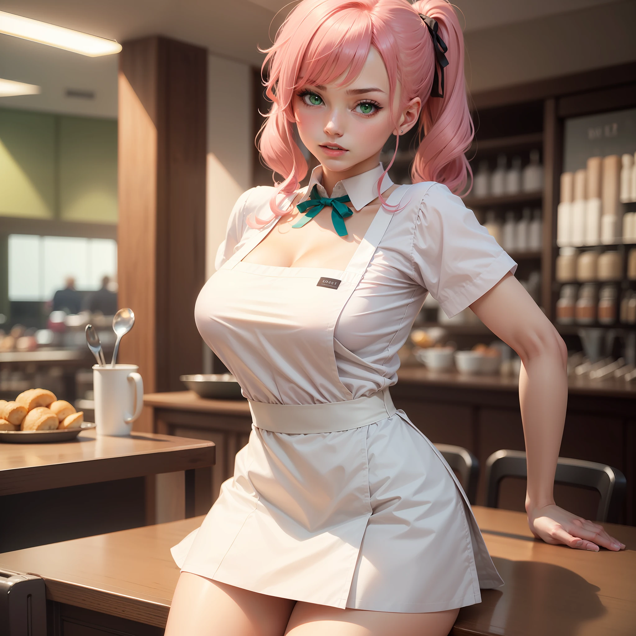 Best quality, 1girll, Adult, The breasts are large, Pink hair, Medium hair, pony tails, Green eyes, Waitress, White shirt, Blue skirt, Blue ribbon, whiteapron, waistup_aprons, short_Sleeves