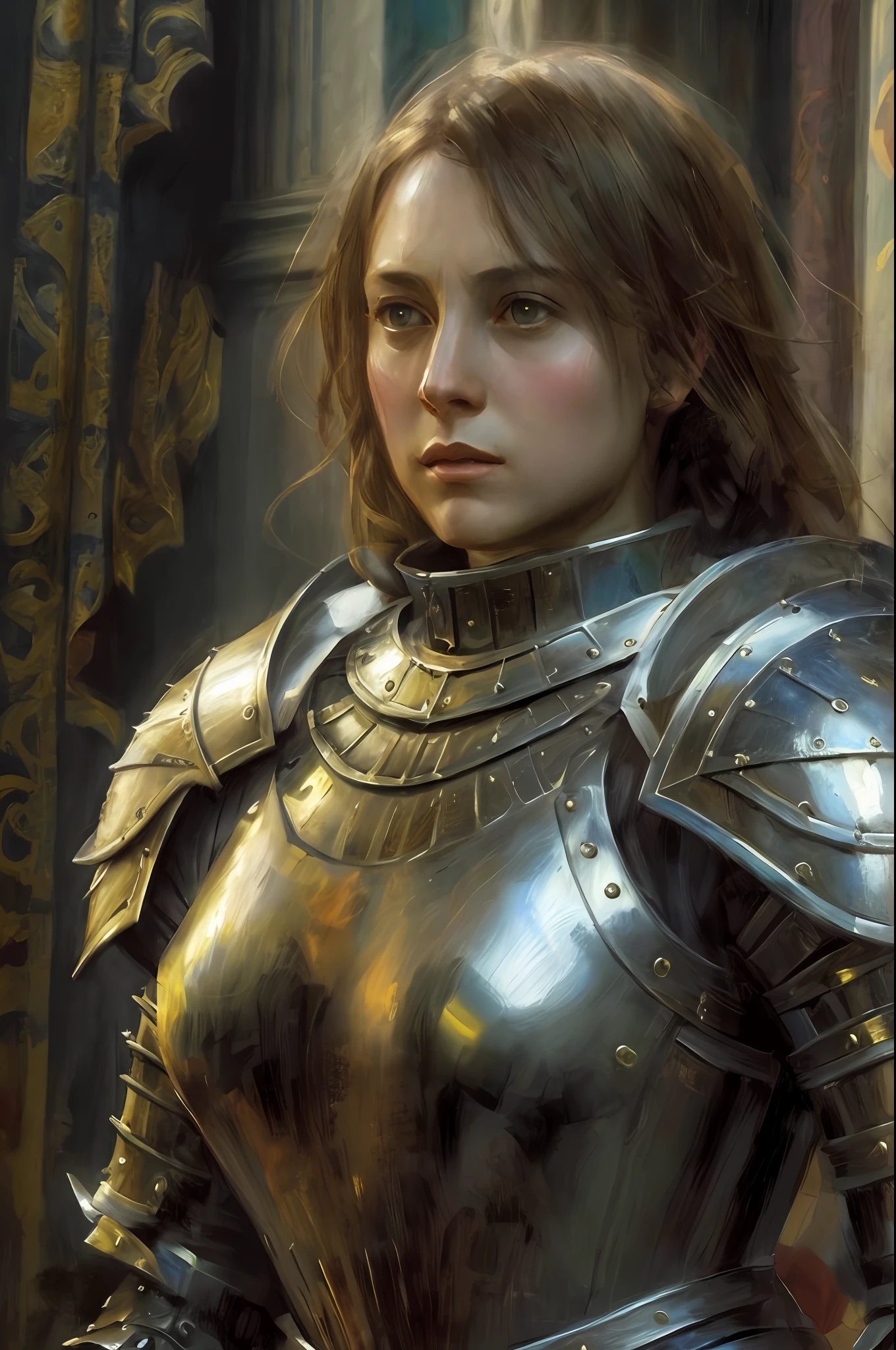 (realisti: 1.3), Joan of Arc, Complicated details, Upper body portraiture \(work of art\), ((tmasterpiece,beste-Qualit)), ((cinematiclight)), [a handsome female|buffalo|A seductive goddess],dynamics, A hyper-realistic , awesome, Dark Fantasy \(style of\), Detailed armor