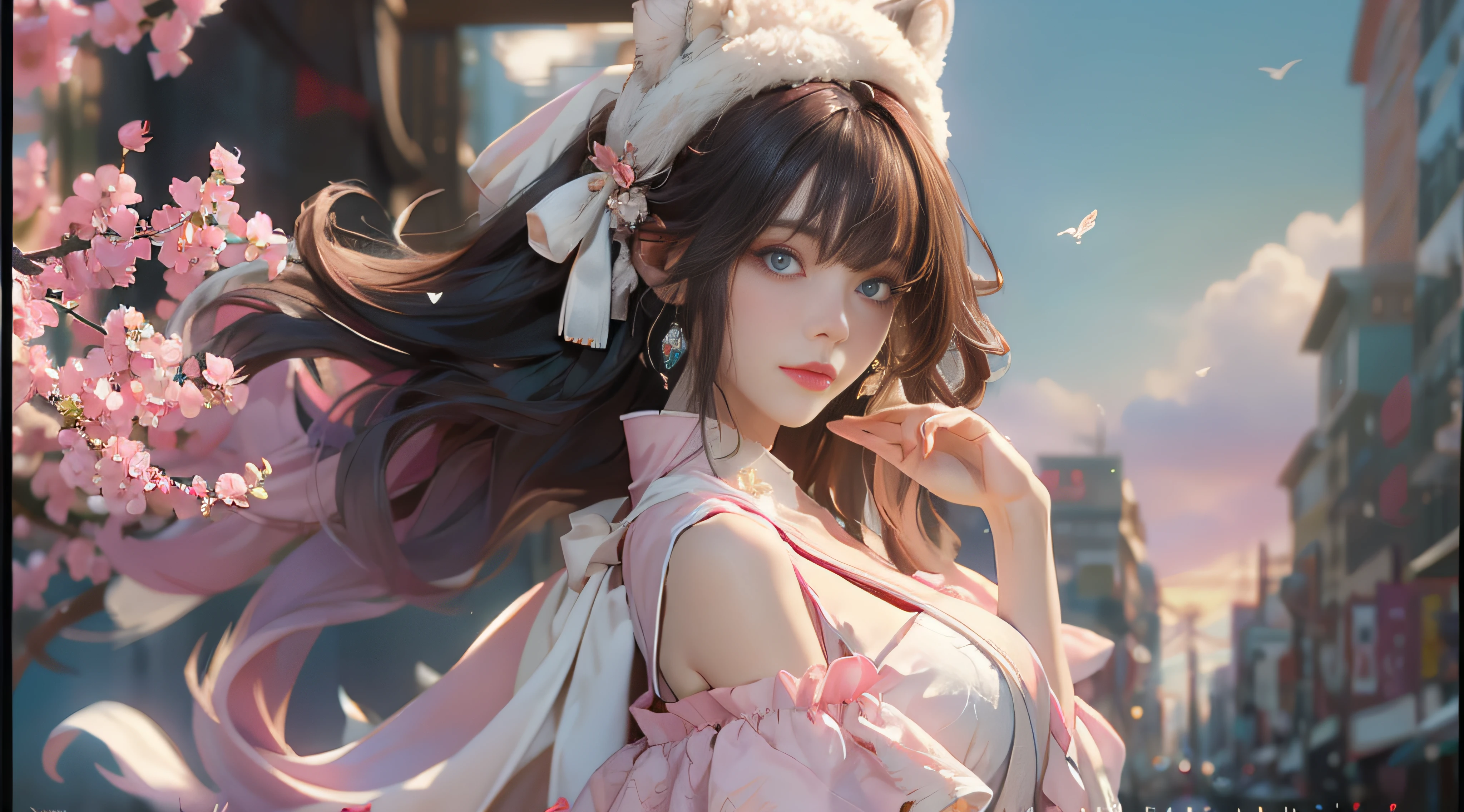 ((best qualtiy)), ((tmasterpiece)), (detail:1.4), Beautiful cyberpunk female images,hdr(HighDynamicRange),Ray traching,NVIDIA RTX,Hyper-Resolution,illusory 5,sub surface scattering,PBR textures,post-proces,Anisotropy Filtering,depth of fields,maximum definition and sharpness,Many-Layer Textures,Albedo e mapas Speculares,Surface coloring,Mitsu-Accurate simulation of material interactions,perfectly proportioned,rendering by octane,Two-colored light,largeaperture,Low ISO,White balance,Rule three points、8K raw data、Beautiful bright blue pupils,off-the-shoulder clothes,Fine pupils,Delicate face and eyes,long eyelasher,Blushlush,Delicate and fluffy hair,pink lip,Pure,Cute face,Sweet girl,Artistic sense,Casual wear,Advancedsense,butterflys,Cherry blossom petal,Beautiful hair accessories,Long hair and waist,Hair fluttering in the wind,Snow-white fox ears,curlies