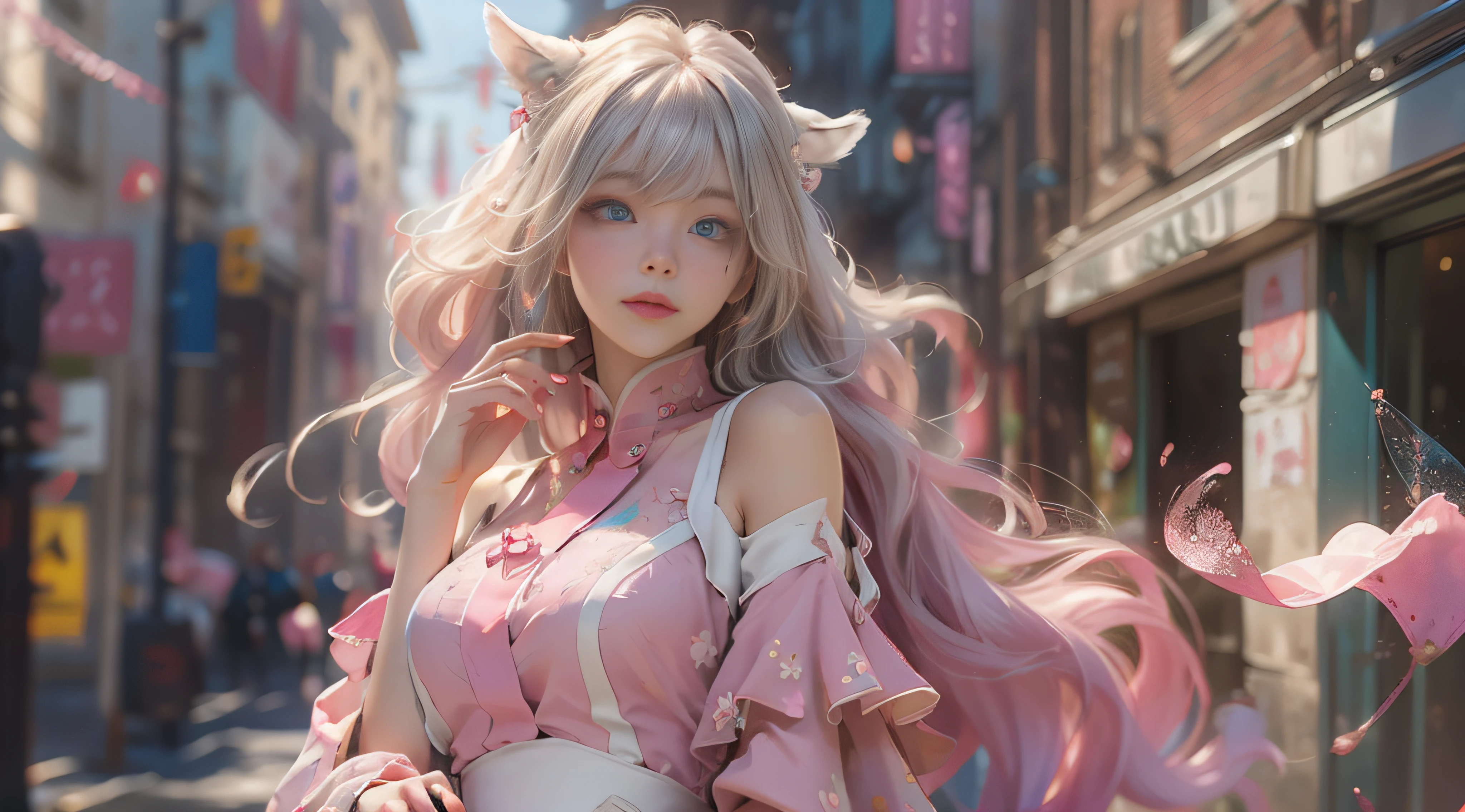 ((best qualtiy)), ((tmasterpiece)), (detail:1.4), Beautiful cyberpunk female images,hdr(HighDynamicRange),Ray traching,NVIDIA RTX,Hyper-Resolution,illusory 5,sub surface scattering,PBR textures,post-proces,Anisotropy Filtering,depth of fields,maximum definition and sharpness,Many-Layer Textures,Albedo e mapas Speculares,Surface coloring,Mitsu-Accurate simulation of material interactions,perfectly proportioned,rendering by octane,Two-colored light,largeaperture,Low ISO,White balance,Rule three points、8K raw data、Beautiful bright blue pupils,off-the-shoulder clothes,Fine pupils,Delicate face and eyes,long eyelasher,Blushlush,Delicate and fluffy hair,pink lip,Pure,Cute face,Sweet girl,Artistic sense,Casual wear,Advancedsense,butterflys,Cherry blossom petal,Beautiful hair accessories,Long hair and waist,Hair fluttering in the wind,Snow-white fox ears,curlies