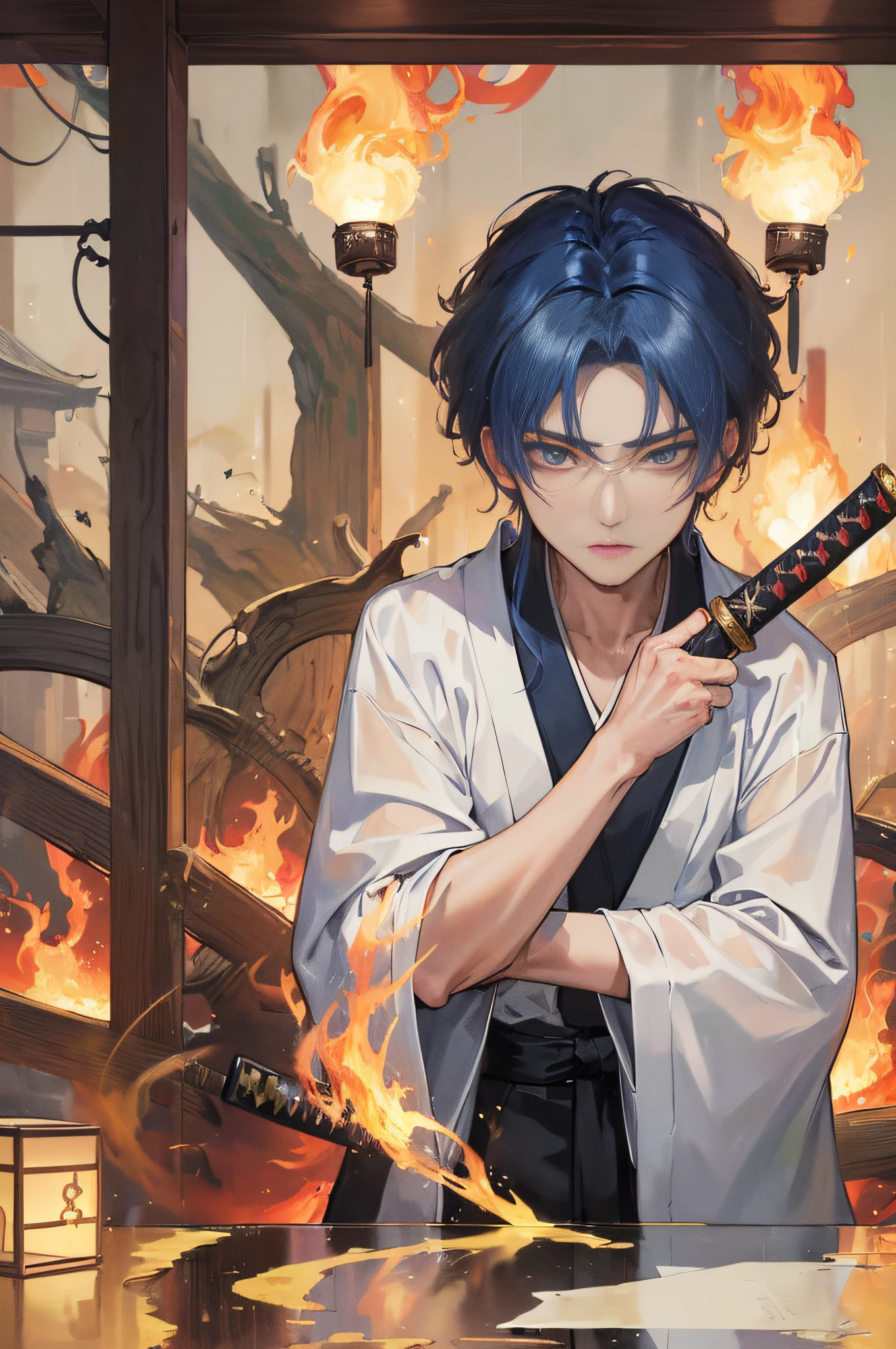 Ridiculous resolution, A high resolution, (Masterpiece:1.4), ultra - detailed, 1boy,dark-blue hair,Golden pupils,Surrounded by flames,Japanese katana in hand,no extra limbs,Chu Zihang,rainy evening,viaduct,Maybach。