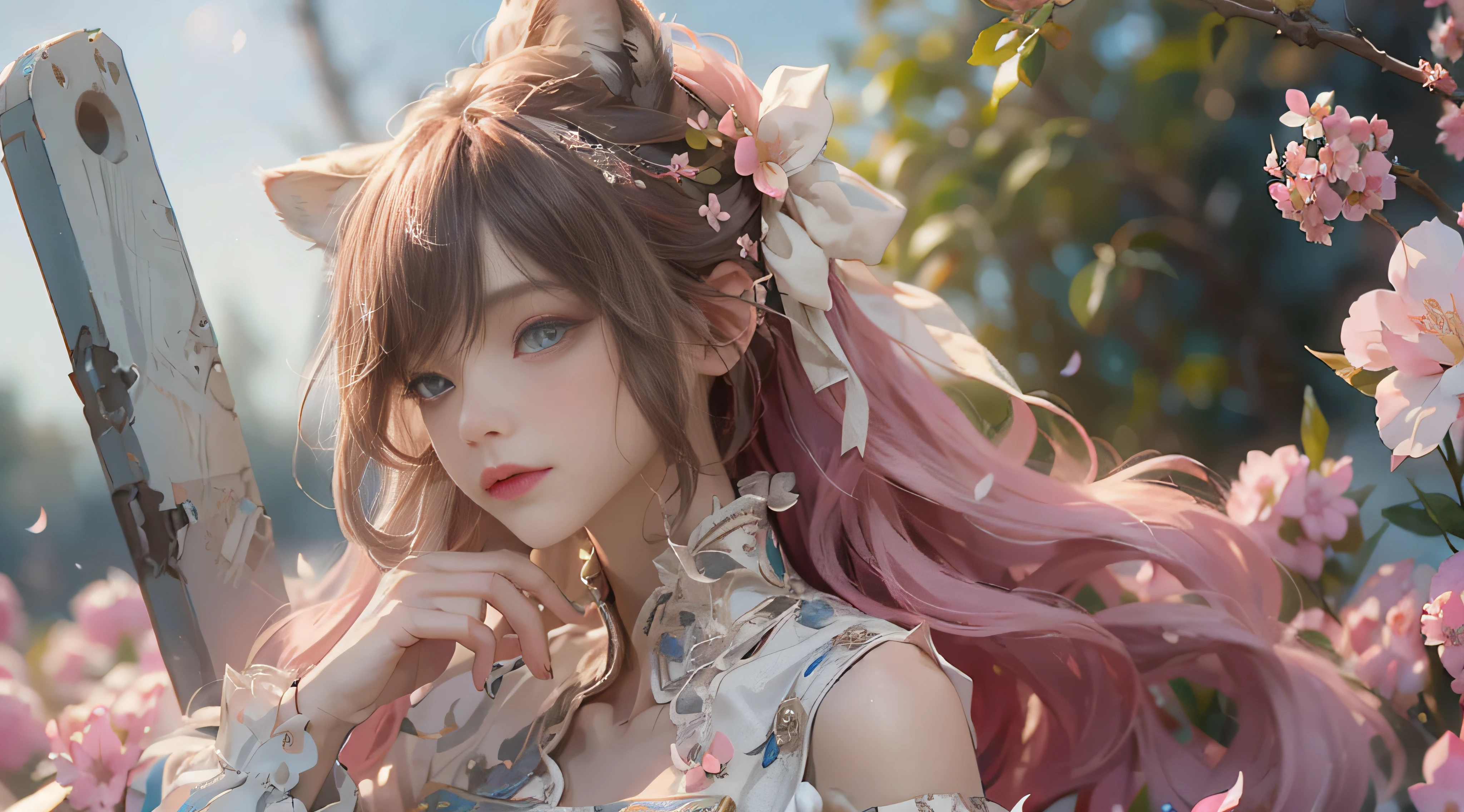 ((best qualtiy)), ((tmasterpiece)), (detail:1.4), Beautiful cyberpunk female images,hdr(HighDynamicRange),Ray traching,NVIDIA RTX,Hyper-Resolution,illusory 5,sub surface scattering,PBR textures,post-proces,Anisotropy Filtering,depth of fields,maximum definition and sharpness,Many-Layer Textures,Albedo e mapas Speculares,Surface coloring,Mitsu-Accurate simulation of material interactions,perfectly proportioned,rendering by octane,Two-colored light,largeaperture,Low ISO,White balance,Rule three points、8K raw data、Beautiful bright blue pupils,off-the-shoulder clothes,Fine pupils,Delicate face and eyes,long eyelasher,Blushlush,Delicate and fluffy hair,pink lip,Pure,Cute face,Sweet girl,Artistic sense,Casual wear,Advancedsense,butterflys,Cherry blossom petal,Beautiful hair accessories,Long hair and waist,Hair fluttering in the wind,Snow-white fox ears,curlies